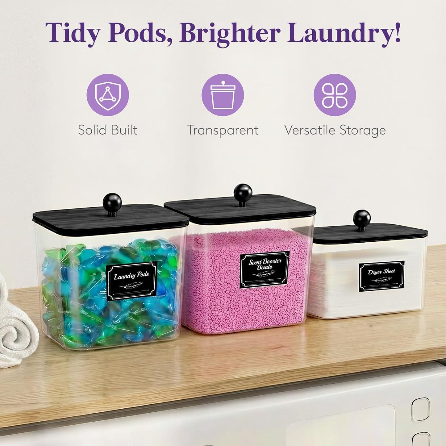 Lifewit Laundry Pods Container with Lid, Dryer Sheet Holder, Room Organization Storage for Coffee Pods Kcup Washing Powder, Scent Booster Beads, 2600 +2000ml/0.53+0.7gal,Black,2 Pcs