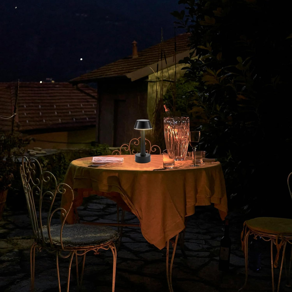 2 Pack Small Cordless Table Lamp for Restaurant, Black Metal Lamp
