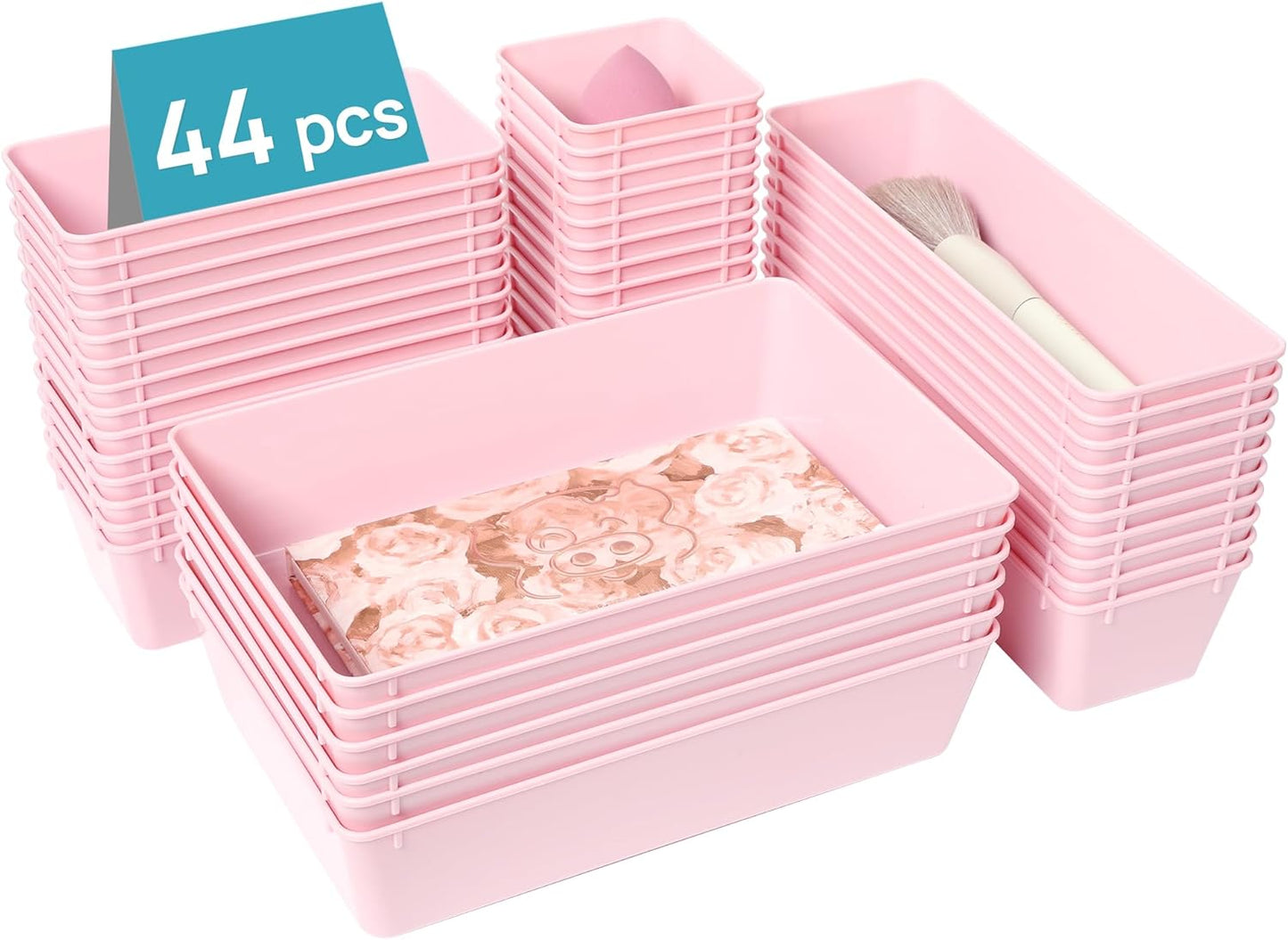 Vtopmart 44 PCS Plastic Drawer Organizers Set, 4-Size Versatile Bathroom and Vanity Organizer Trays, Non-Slip Storage Containers for Makeup, Jewelries, Bedroom,Kitchen Utensils and Office, White