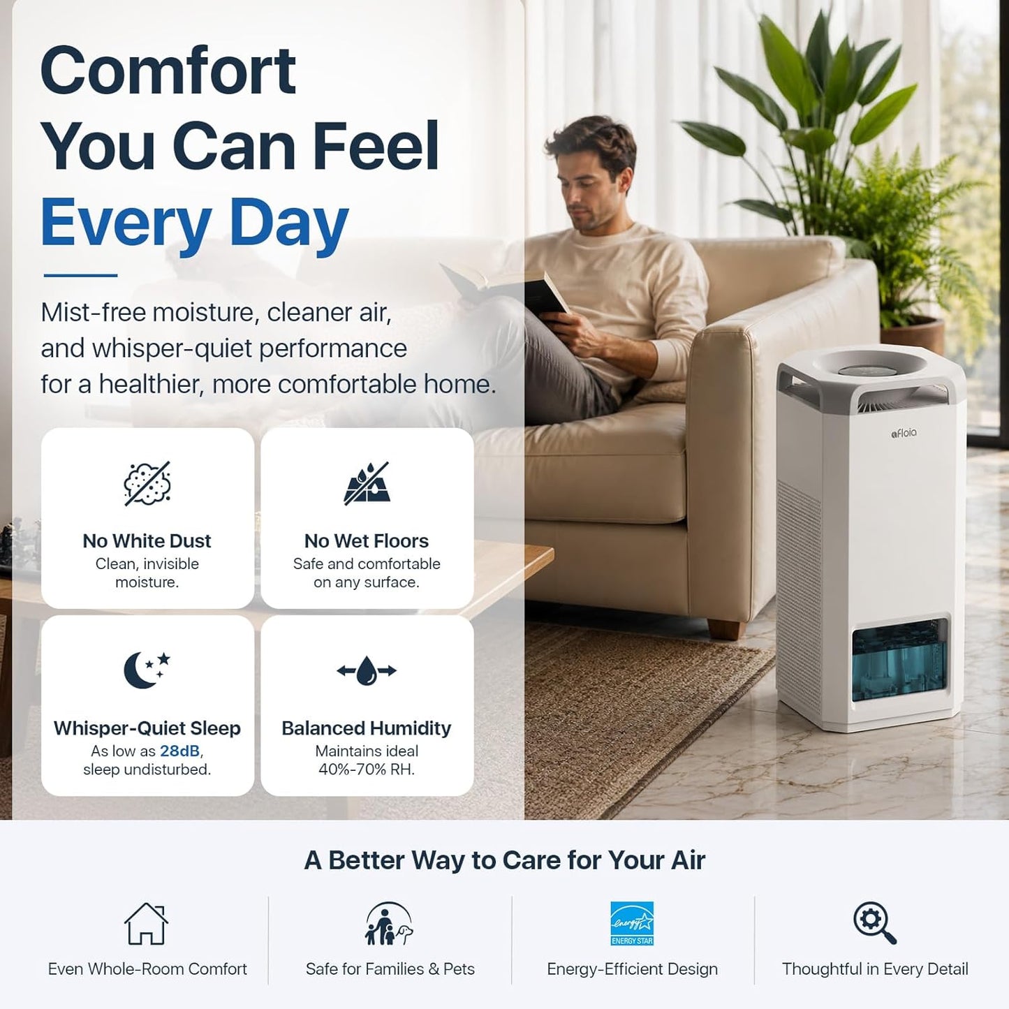 Afloia Humidifier for Bedroom & Large Room – Mist Free Evaporative Humidifier and Air Purifier in One with 4-Way Airflow, Top Fill Design, Quiet Sleep Mode, Up to 20H Runtime, Auto Humidity Control