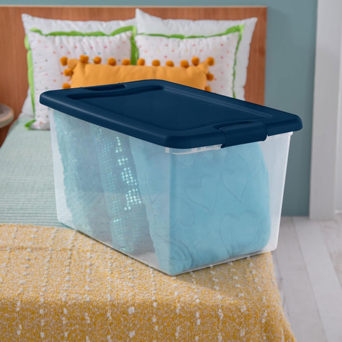 Sterilite Color Program, Large Clear Plastic Storage, 64 Quart, 6-Pack | Clear Bins with Blue Lids - Stackable Organizing Container Boxes for Closet, Bathroom, and Office