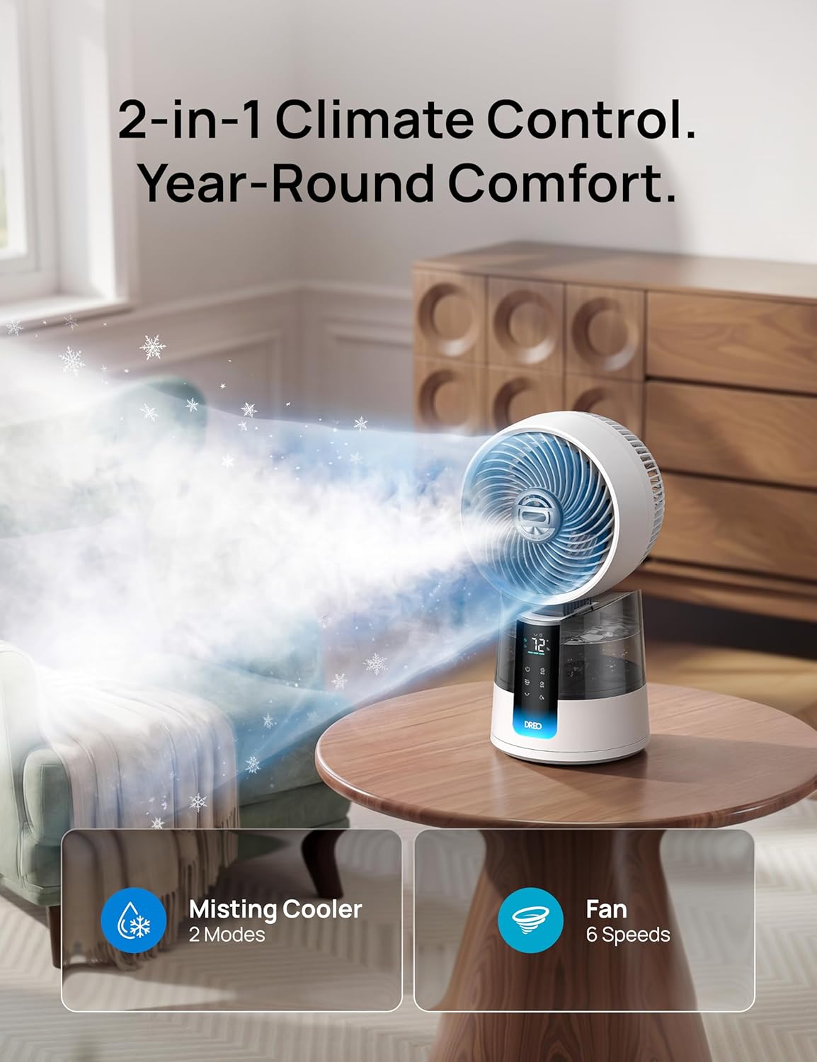 DREO TurboCool Misting Fan 516, 5℉ Drop Cooling Fans that Blow Cold Air, 150°+30° Omni-directional Oscillating, Evaporative air cooler, 26 ft/s Wind, Ultrafine Mist, 20dB 6 Speeds 2 Modes, White