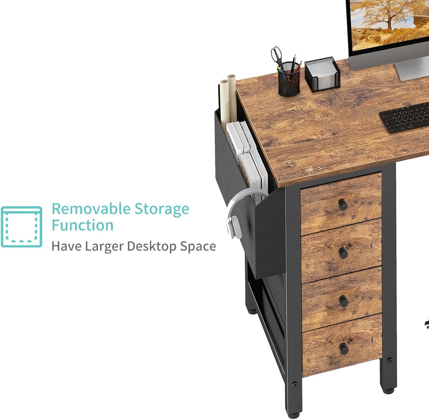 Lufeiya L Shaped Desk with Drawers & Storage Shelves, 47 Inch Small Reversible Corner Desk with Power Outlet for Home Office Bedroom, L-Shaped Gaming PC Computer Desks with Fabric Drawer, Rustic Brown