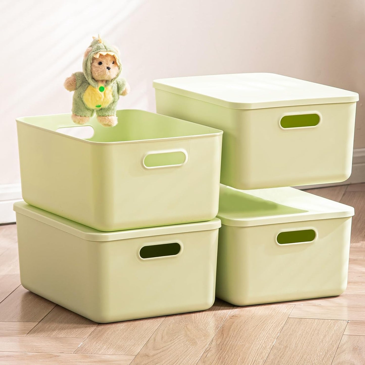 5 pack large plastic White storage bins with Lids, Toy Box Chest with Handle,Organizer Containers Baskets for Baby,Nursery,Shelves,Playroom, Bedroom,Office,Closet,home (White, 5L)