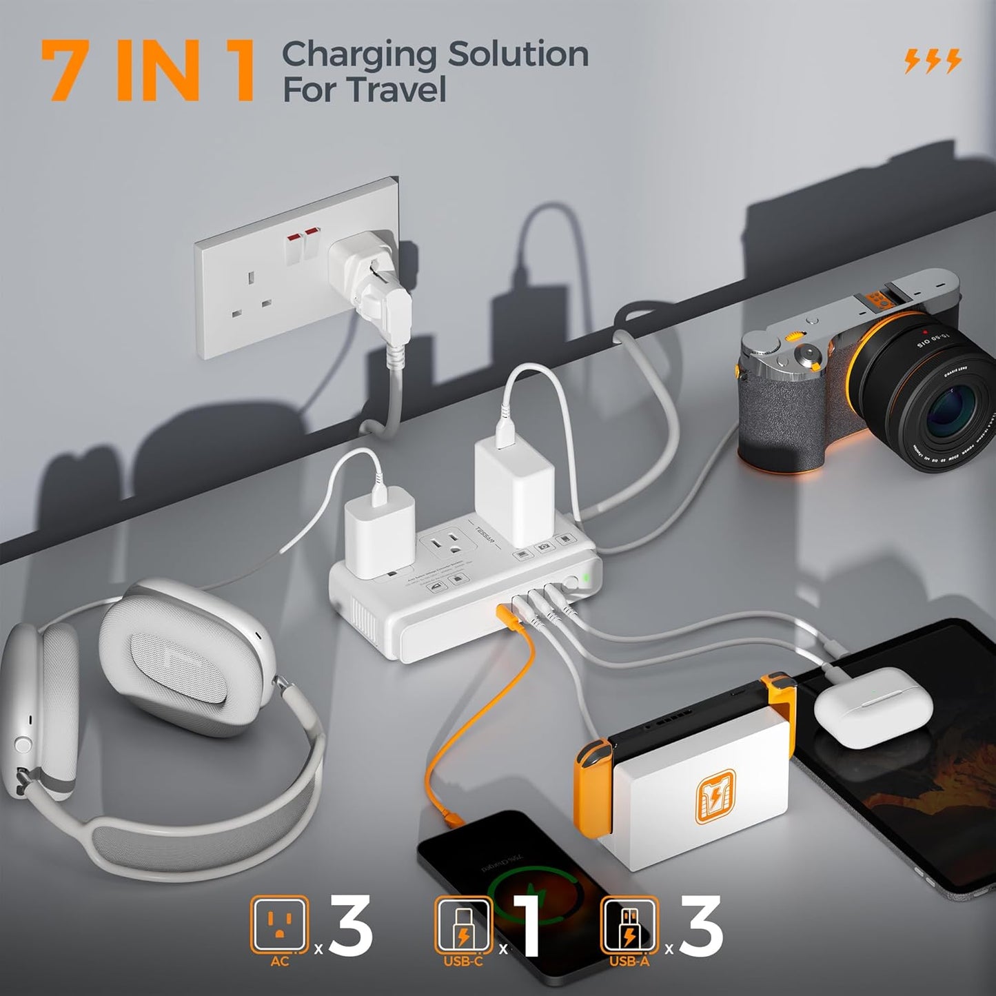 220V to 110V Voltage Converter, TESSAN Universal Travel Adapter with 4 USB Charger (1 USB C), 3 AC Sockets and EU/UK/AU/IT Plug Power Adaptor, Step Down Transformer Outlet-Not for Hair Dryers