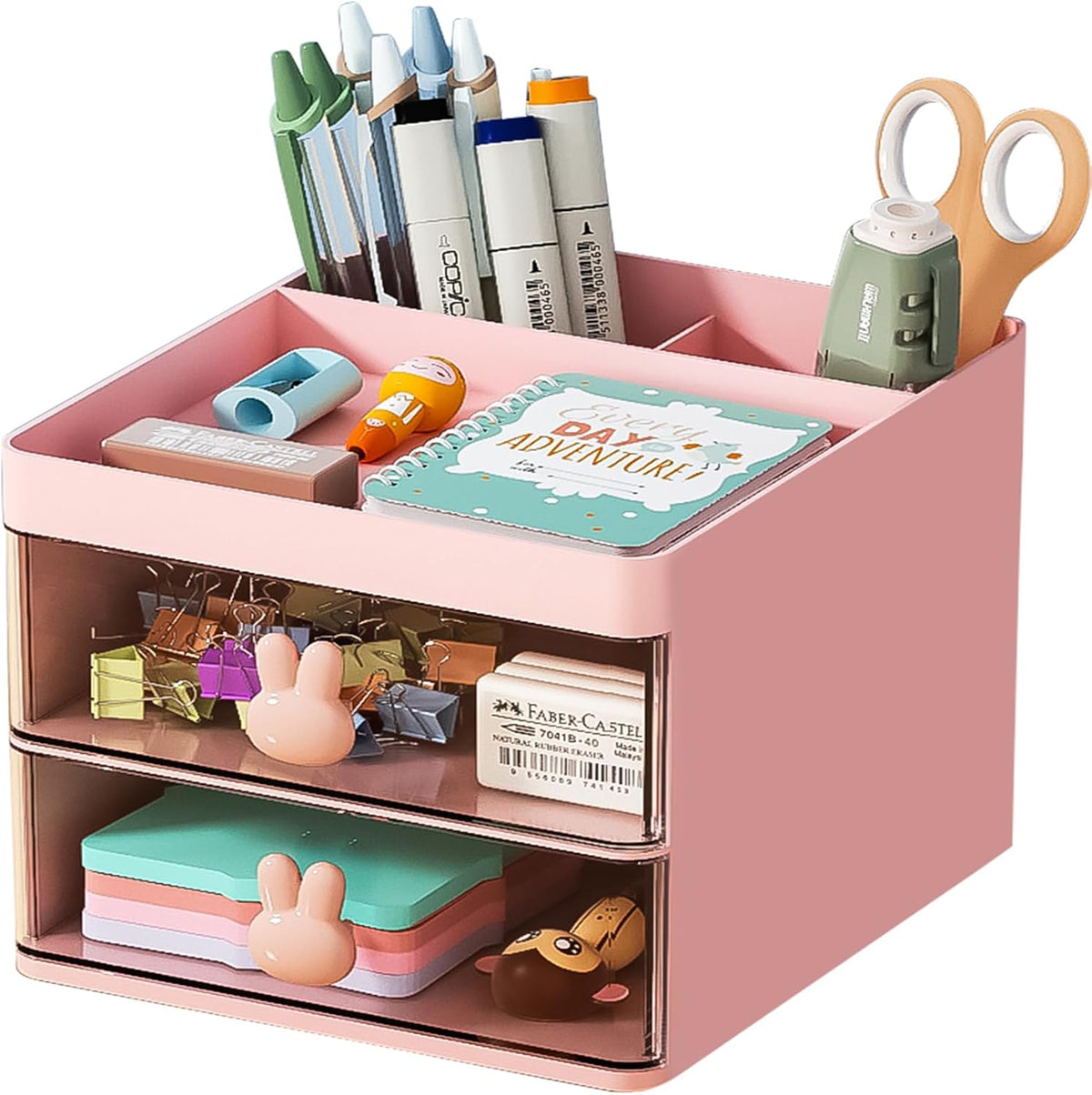 Marbrasse Pen Organizer with 4 Drawer, Multi-Functional Pencil Holder for Desk, Desk Organizers and Accessories with 4 Compartments + Drawer for Office Art Supplies (pink)