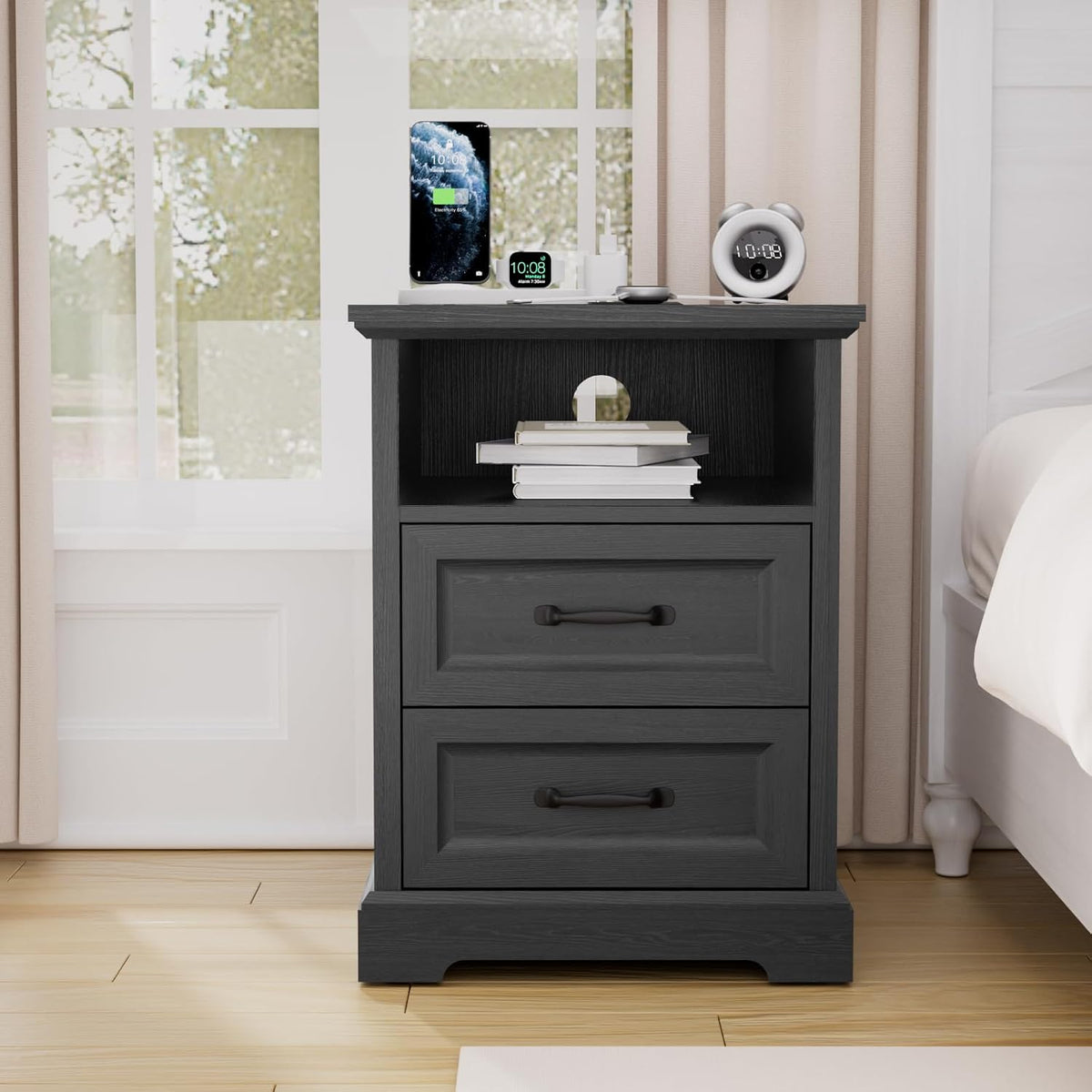 HOMMPA Farmhouse Nightstand w/Charging Station, Open Shelf 23.6''H Black