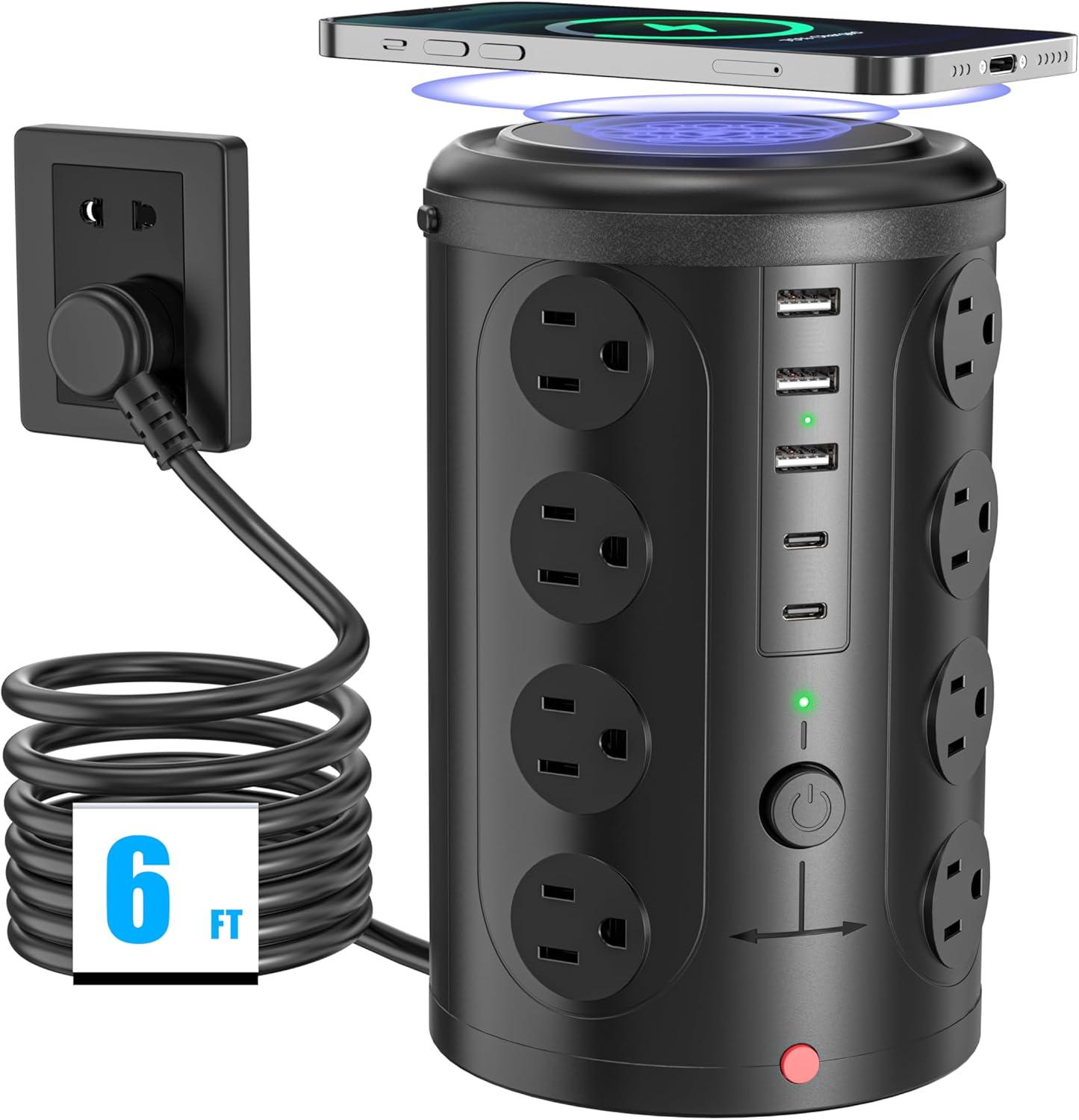 Tower Power Strip Surge Protector with 16 Outlets and 5 USB Ports (2 USB-C), 6FT Extension Cord with Multiple Outlets,Heavy Duty Charging Station,Home Office Dorm Room Essentials. No Wireless Charging