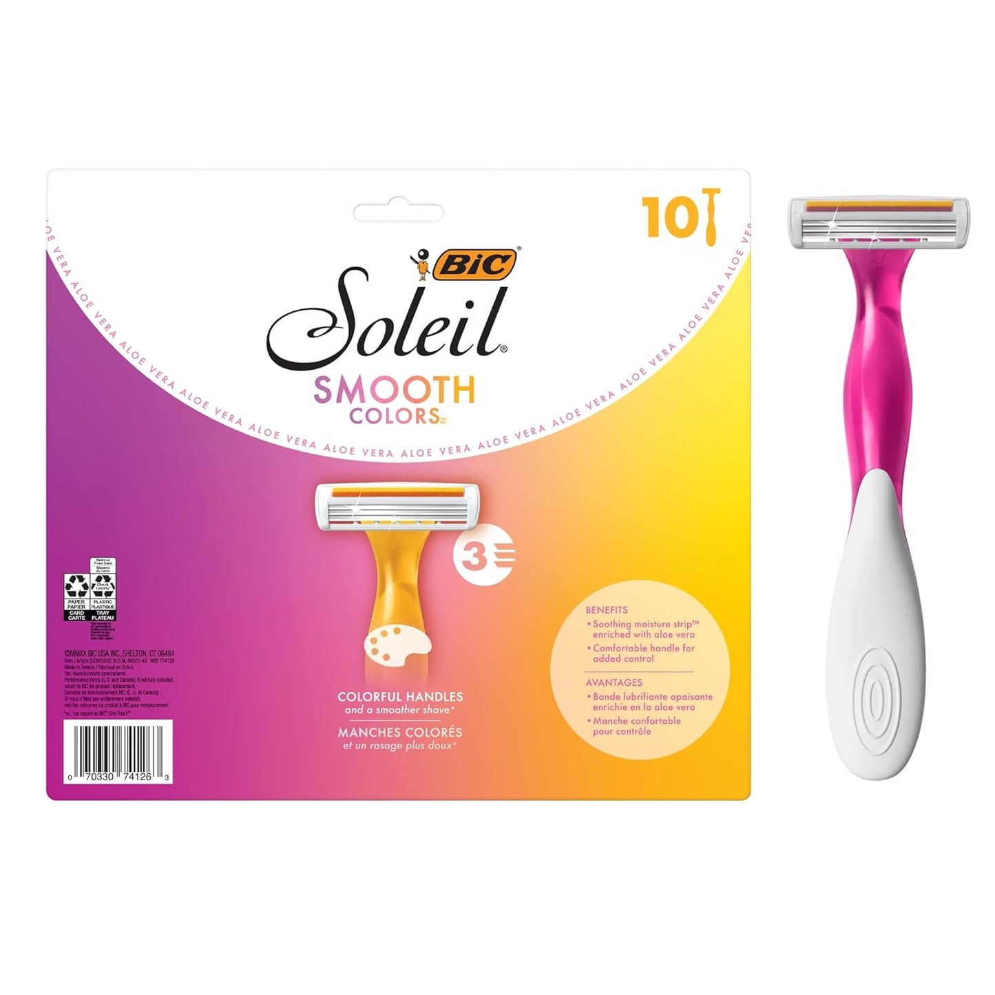 BIC Soleil 3 Colors Women's Disposable 3-Blade Razors, Aloe Vera Strip, College Dorm Room Essential, Shower Caddy and Toiletry Bag Ready, 14-Pack