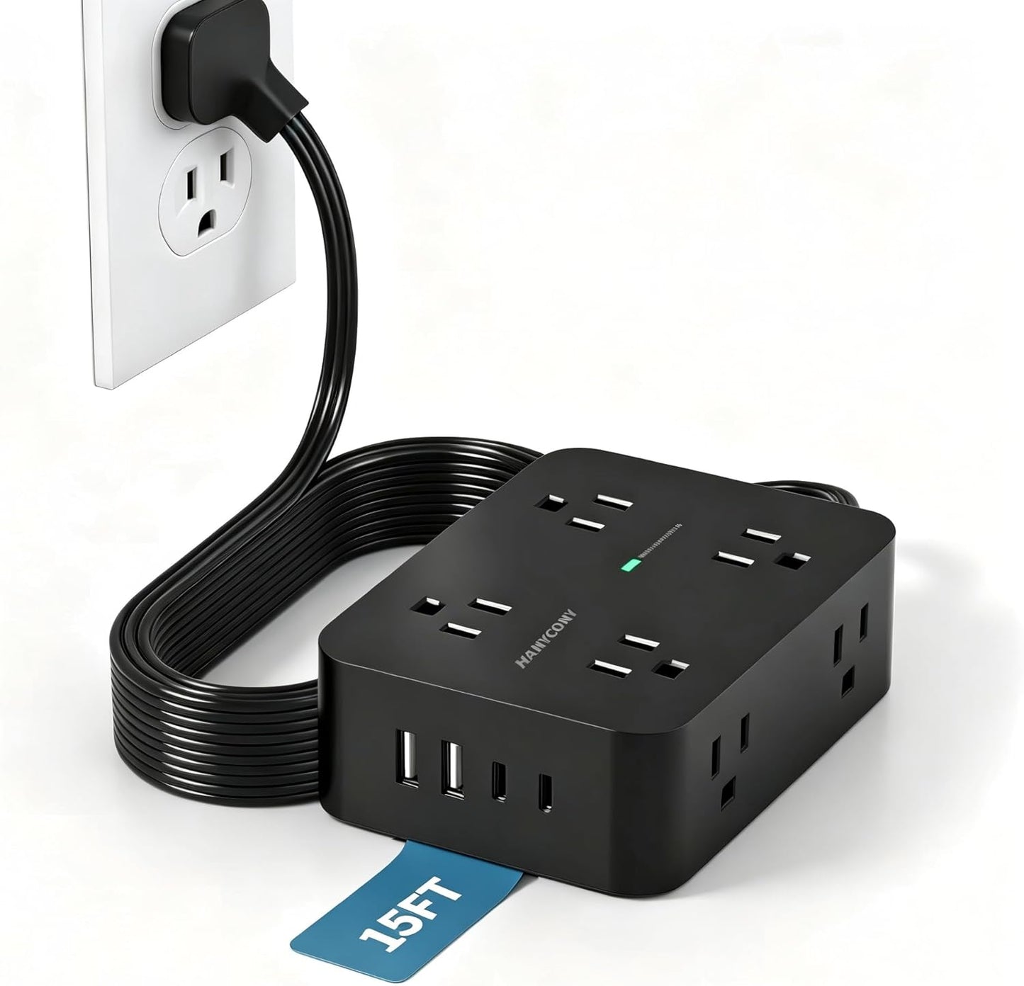 Power Strip Surge Protector, HANYCONY 5Ft Ultra Thin Flat Extension Cord with Multiple Outlets, 8 Widely Outlet Extender 4 USB Ports(2 USB C), 1080J Wall Mount for College Dorm Room Essentials Black