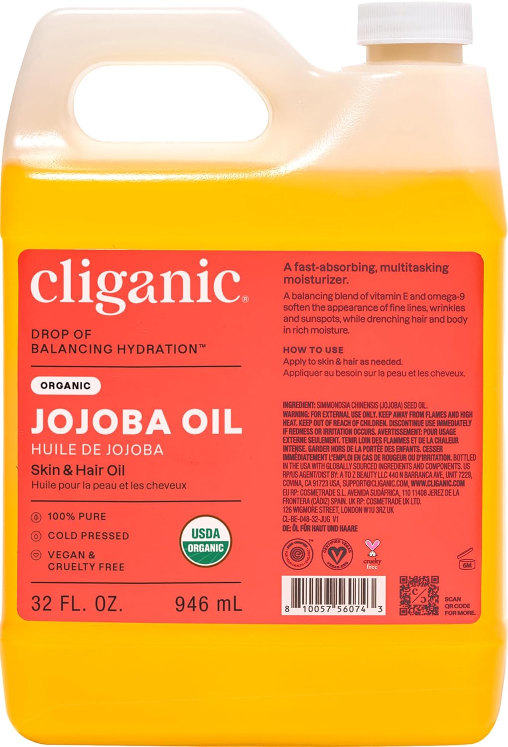 Cliganic Organic Jojoba Oil 16oz with Pump, 100% Pure | Bulk, Moisturizing Oil for Face, Hair, Skin & Nails | Natural Cold Pressed