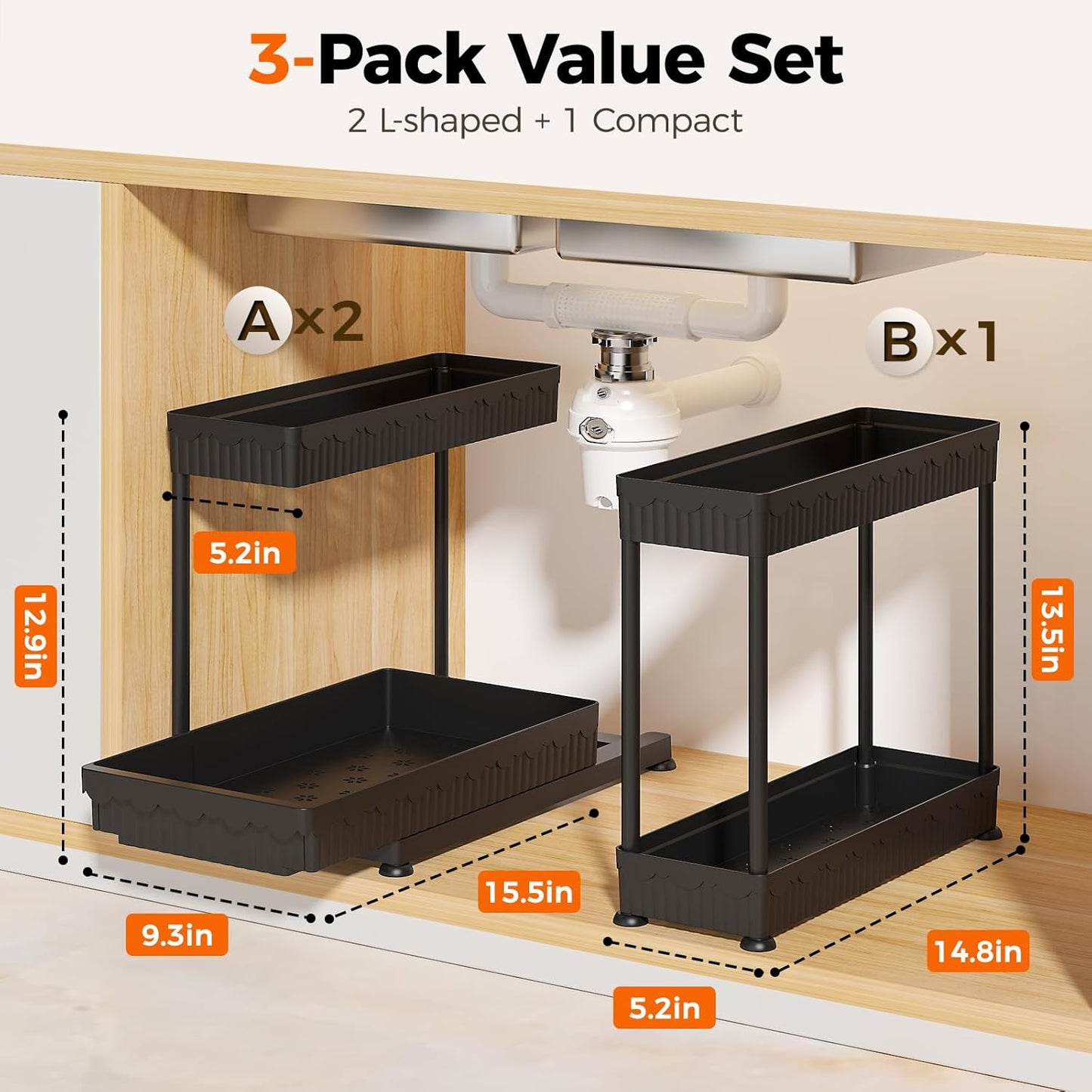 Sevenblue 3 Pack Multi-Purpose Pull-Out Storage Organizers, 2-Tier L-Shaped Under Sink/Cabinet Organizers and Storage for Bathroom & Kitchen, (Black, 12.85 Inches)