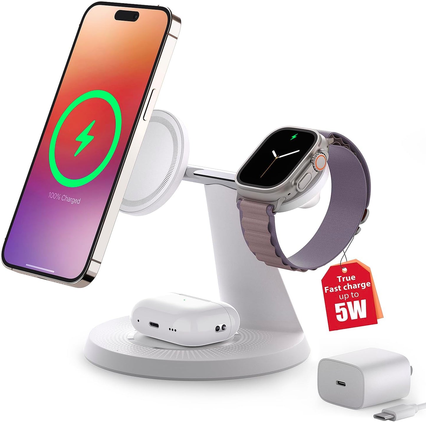 ZECHIN 3 in 1 Wireless Charging Station for Apple Devices with MagSafe | Charging for iPhone 17/Air/16/15/14/13, AirPods, Apple Watch, Weighted Stable Charging Stand, USB-C Adapter Included