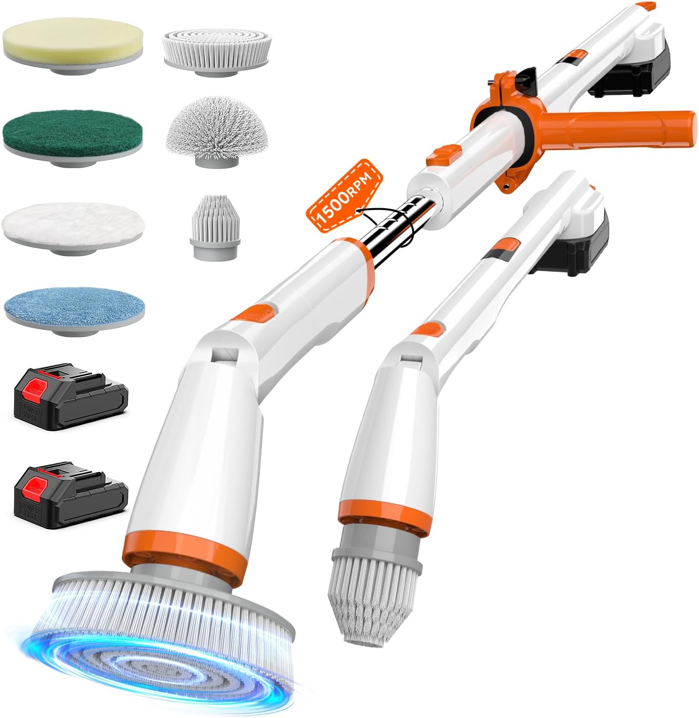 TUYU Electric Spin Scrubber, Full-Body IPX7 Waterproof Bathroom Scrubber with Power LCD Display, 8 Replacement Head, Adjustable Extension Handle, Cordless Shower Cleaner Brush for Bathtub Cleaning