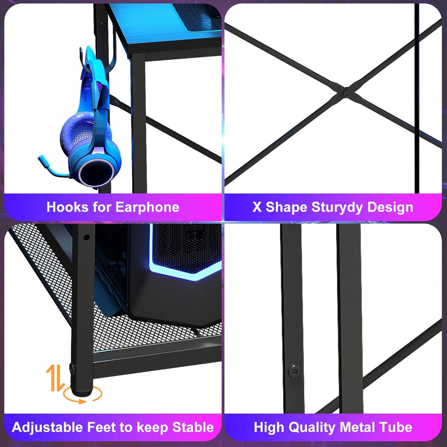 X-cosrack 33.5" Small Gaming Desk with LED Lights & Long Monitor Stand, Compact Computer Desk with Power Outlets & CPU Stand, Gamer Table with Storage Drawer for Home Office, Bedroom Corner, Black