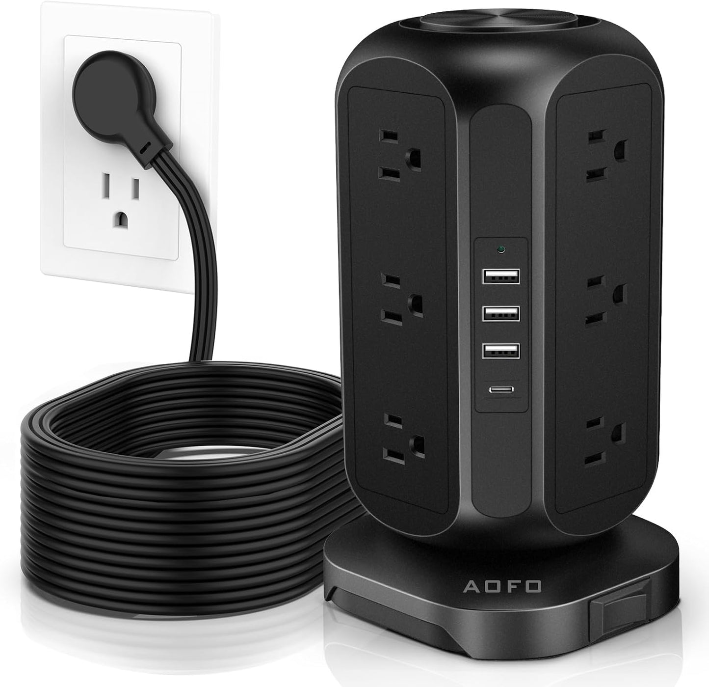 Tower Power Strip Flat Plug with 12 Outlets 4 USB(1 USB C),AOFO Power Strip Charging Station with Overload Protection, Widely Spaced Multiple Outlets 10Ft Extension Cord for Home, Dorm,Office