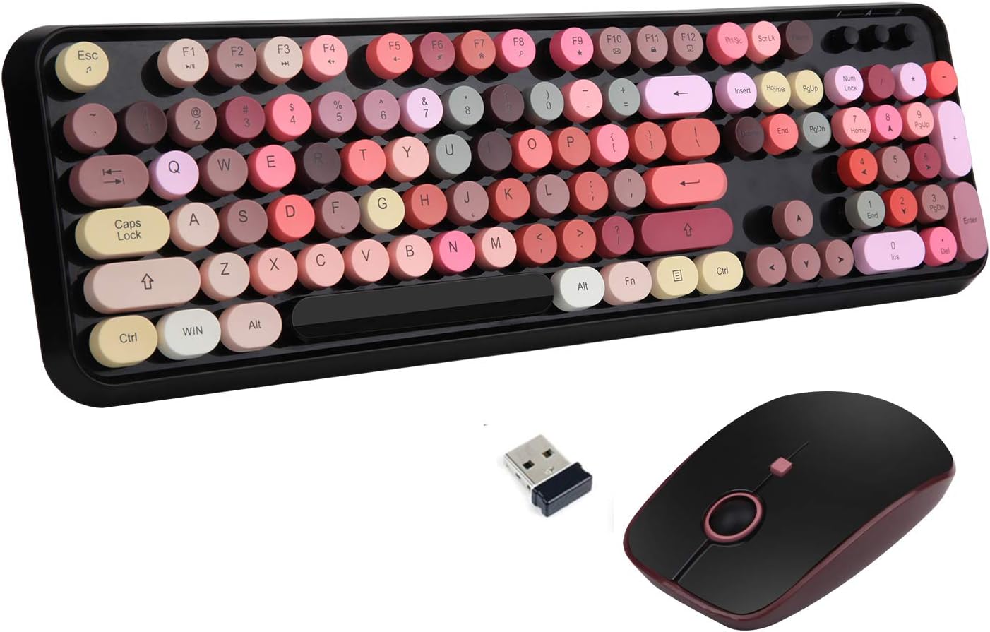 Red Wireless Keyboard and Mouse Combo, Retro Typewriter Style Round Key Keyboard with Bubble Keycaps, 2.4GHz Creamy Clicky Aesthetic Full Size Keyboard with Number Pad for PC Laptop Desktop