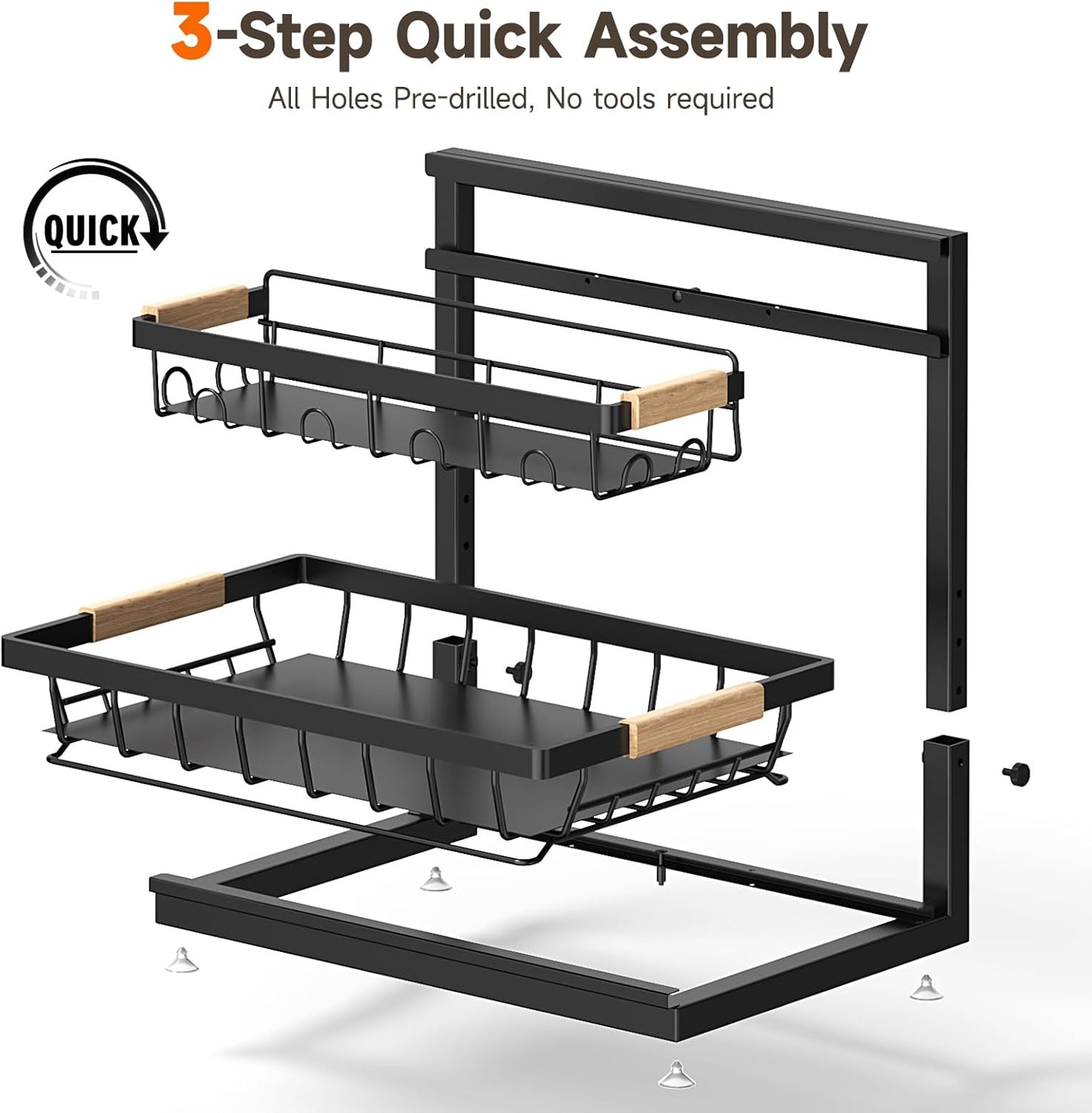 Sevenblue 2 Packs Under Sink Organizer, Height Adjustable 2 Tier Under Kitchen Sink Organizer, Multi-Purpose Storage Shelf for Kitchen Bathroom Cabinet (Black, Large)