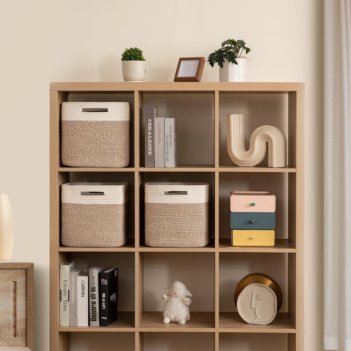 OIAHOMY Storage Cubes 11 Inch Storage Bins-3-Pack, Cotton Rope Woven Baskets for Organizing, Square Storage Baskets for Shelves Organizer, Classroom, Kids Toy Bins, Closet, Baby Nursery-Brown