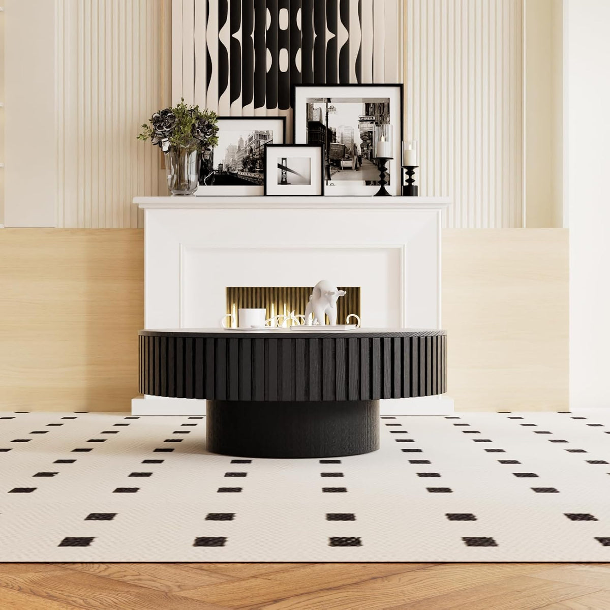 31" Black Round Wood Fluted Drum Coffee Table with Storage (G)