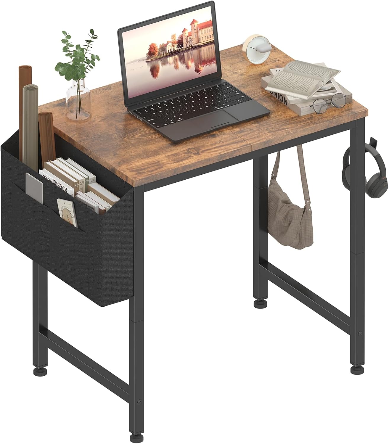 Lufeiya Small Desk for Small Spaces, 24 Inch Kids Girls Study Writing Mini Desks for Bedroom, Simple Modern Laptop PC Little Side Table with Storage Bag Headphone Hooks, Black