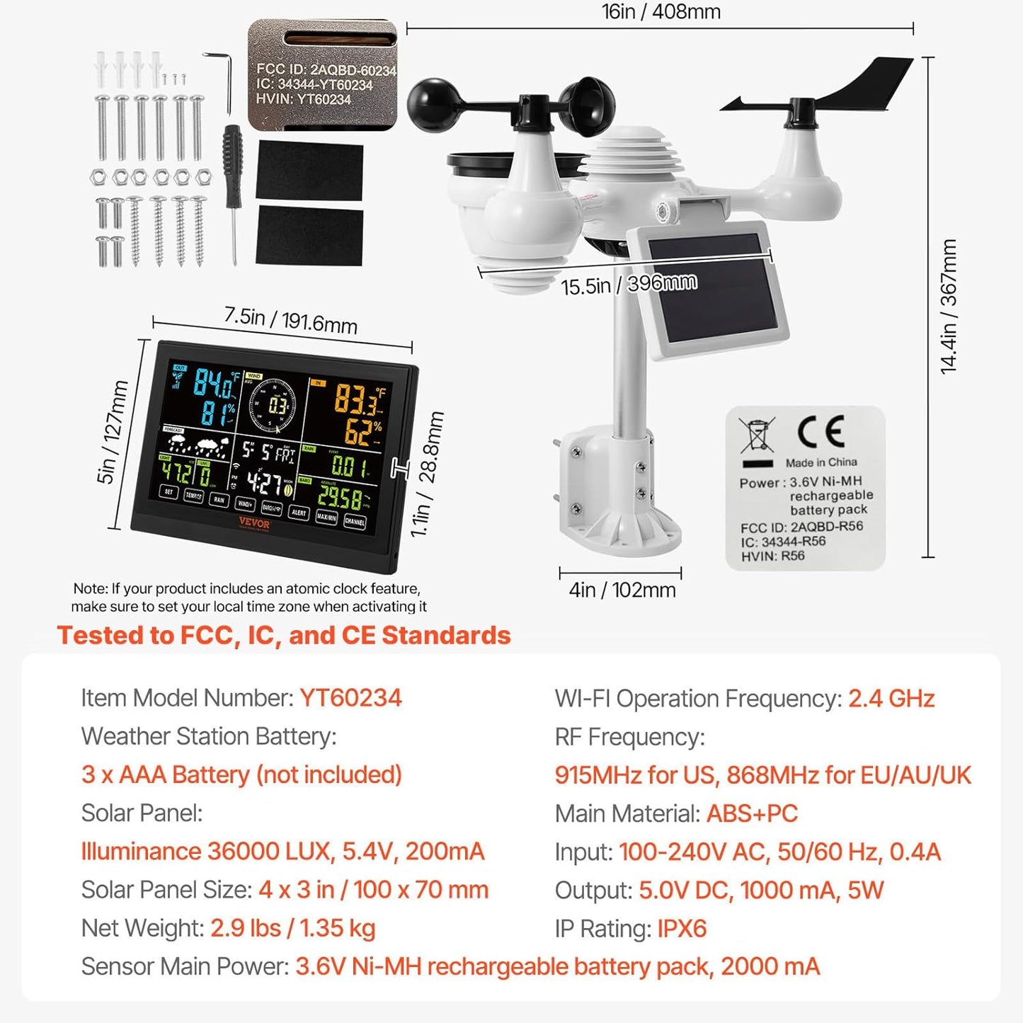 VEVOR YT60234 WiFi Weather Station 7-in-1, Weather Stations WiFi Indoor Outdoor, 7.5" Color Display for Weather Forecast, Temperature, Humidity, UV, Air Pressure, Wind Speed&Direction, Rain, Alarm