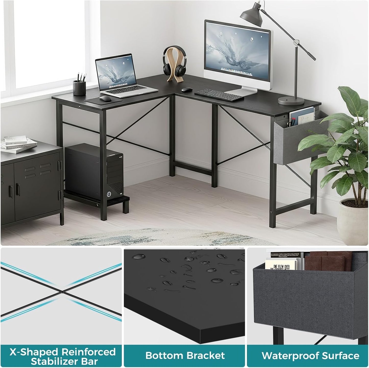 OLIXIS L Shaped Desk, 50-Inch Office Computer Gaming Desks Corner PC Table with Side Bag and Reversible Shelf for Home Work Study Writing Black