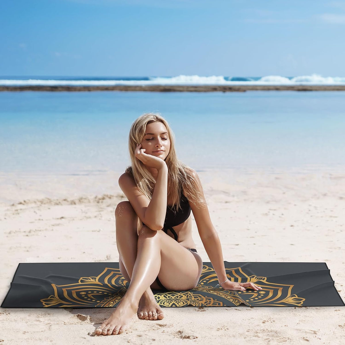 Hot Yoga Towel with Grip Dots, Non Slip, 74"x26", Gold Mandala