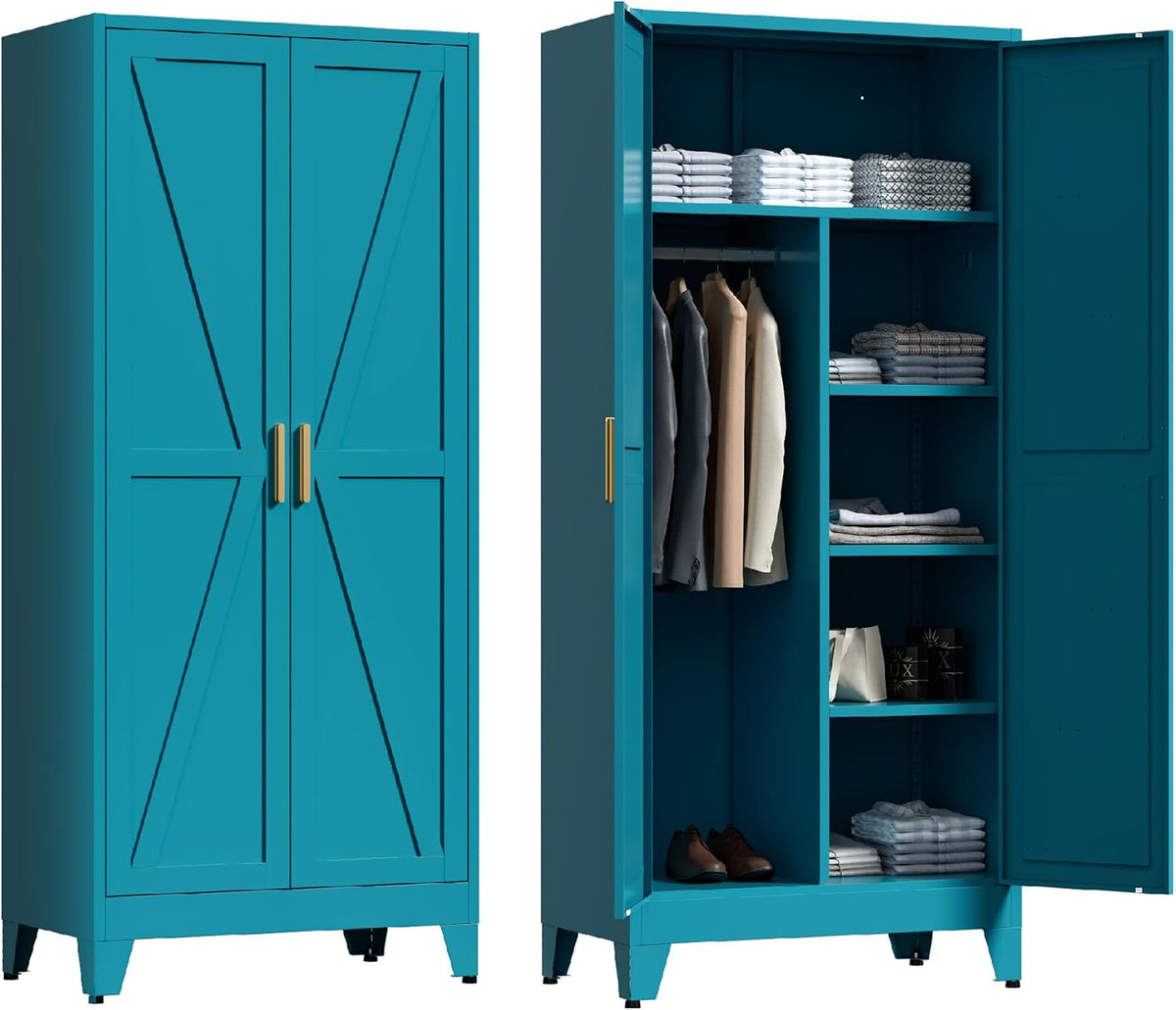 Washsemba 71'' Farmhouse Metal Wardrobe Cabinet with Hanging Rod, 2 Barn Door Wardrobe Closet with 2 Adjustable Shelves,for Dining Room,Bedroom,Living Room, Cloak Room,Office (Black)
