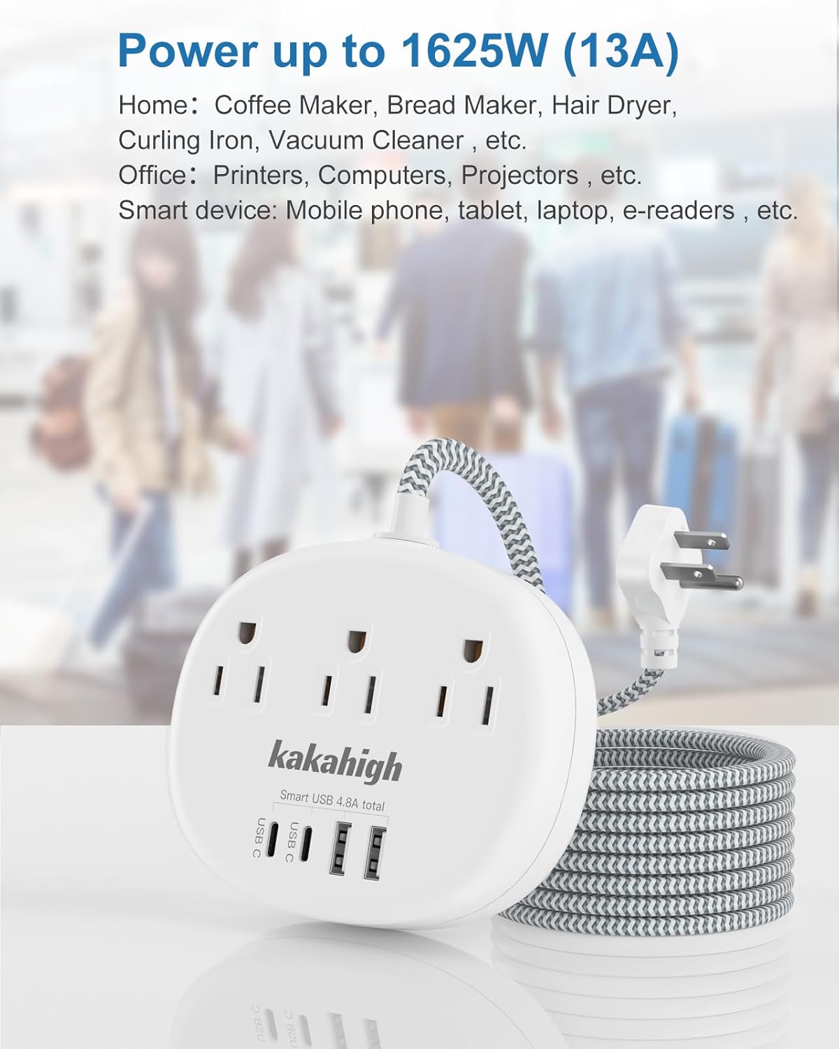 Small Extension Cord with USB C - 5 FT Short Extension Cord, 1625W 3 Prong Power Strip with 3 AC Outlet 4 USB (24W/4.8A), Bedside Charging Station for Home Office Dorm Room Essentials