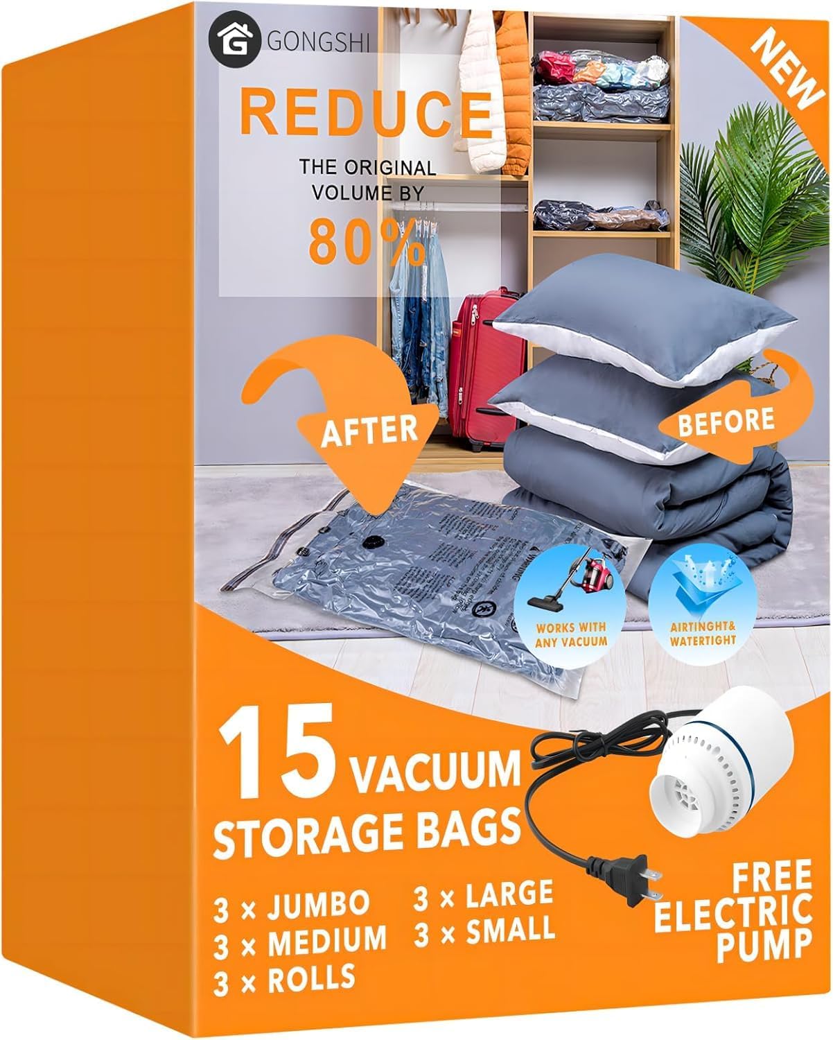 GONGSHI Vacuum Seal Bags for Clothing Travel & Home Storage, Travel Vacuum Bags with Electric Pump,Space Saver for Blankets, Comforters, Pillows, Clothes,10 Small