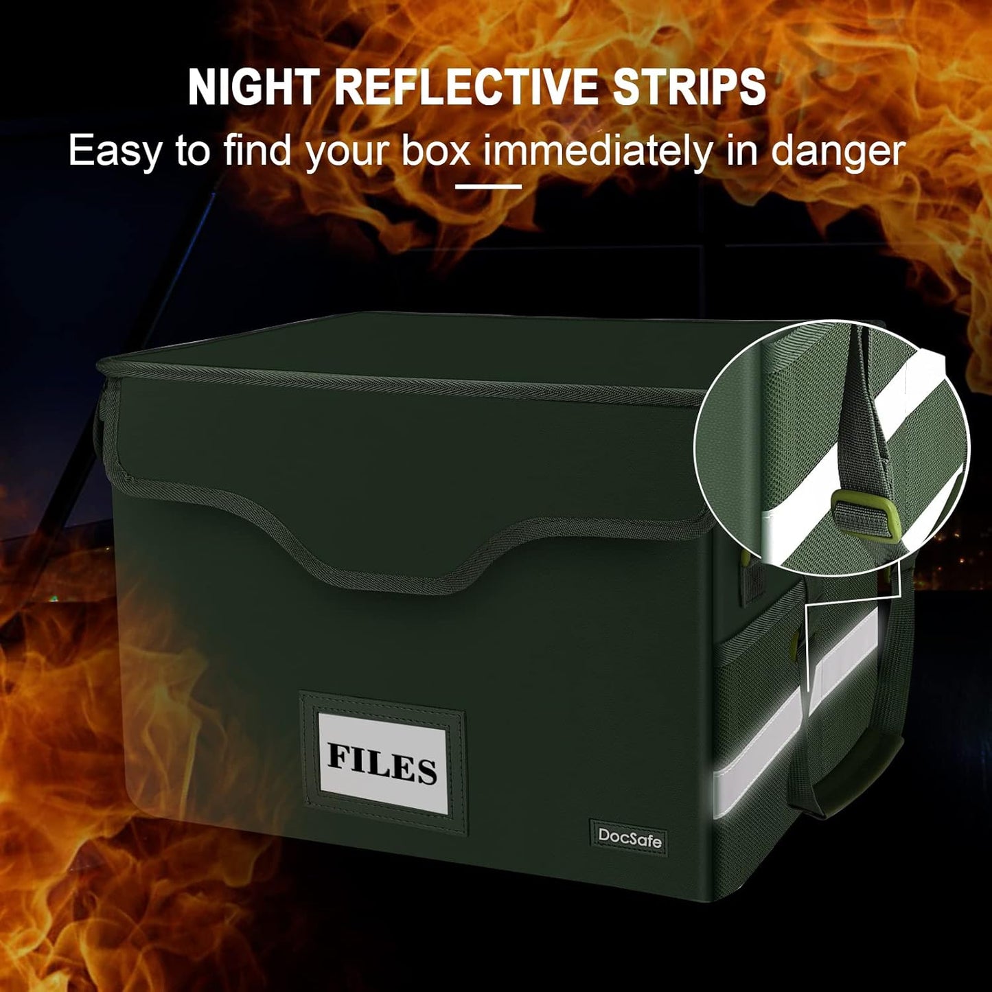 DocSafe Fireproof Document Box with Lock,File Storage Organizer with Mesh Pockets&Lid,Collapsible Portable File Box Home Office Safe Filing Cabinet with Handle for Hanging Letter/Legal Folder,Green