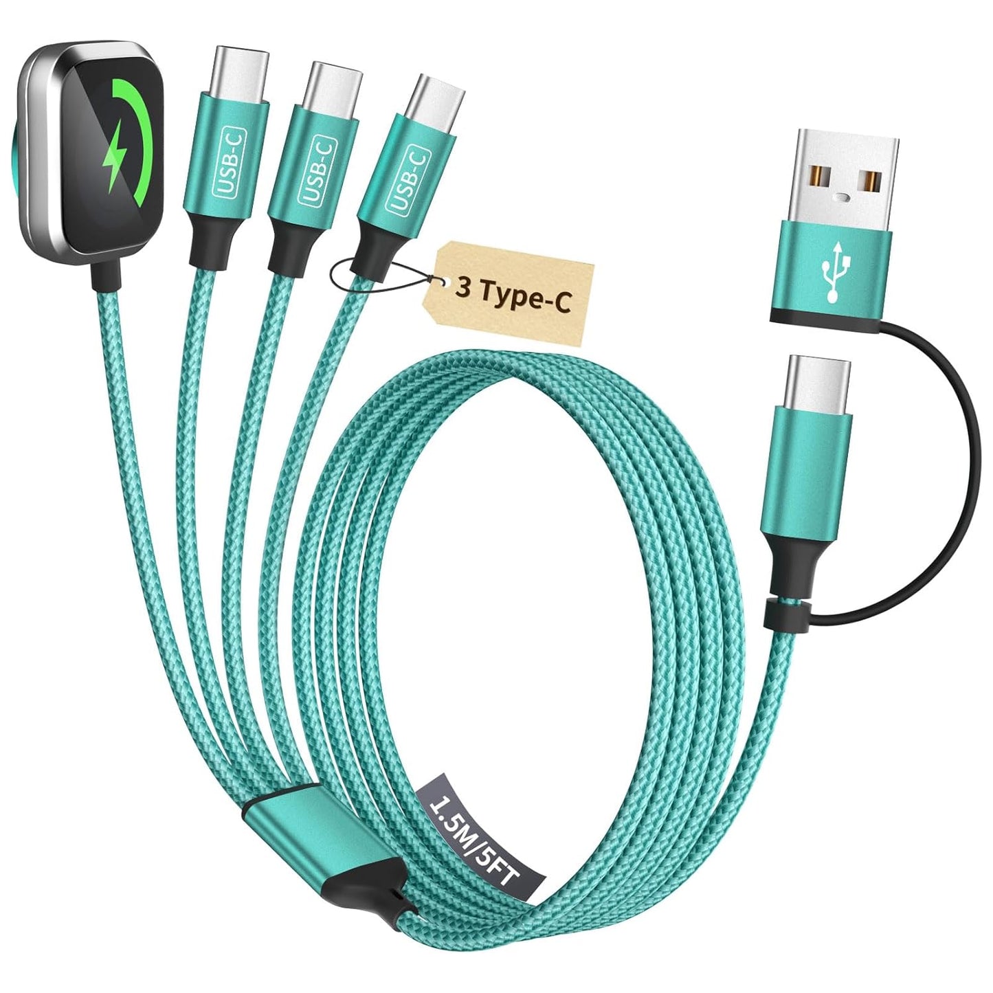Travel Essentials Dual Type-C 4 in 2 Multi Charging Cable for Apple Watch Charger/iPhone 17, USBA&USBC Cable iWatch Charger for iWatch Ultra/SE/11-2, iPhone17-8, Car/Cruise Camping Essentials, 2Pc 5FT