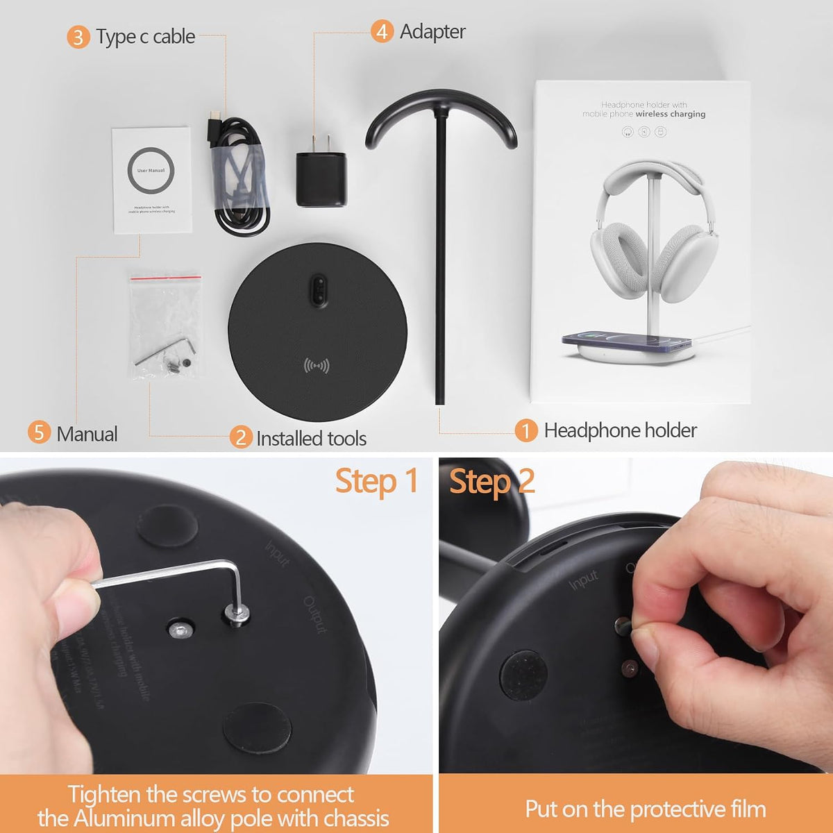 Hiwe Headphone Stand with Wireless Charger, Headset Holder for Desktop