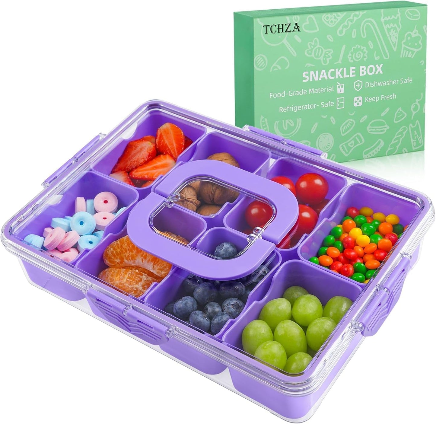 TCHZA Snackle Box Container, Dishwasher Safety - Divided Serving Tray with Lid and Handle, Charcuterie Board for Portable Snack Platters - Clear Organizer for Fruits Snacks,Perfect for Road Travel