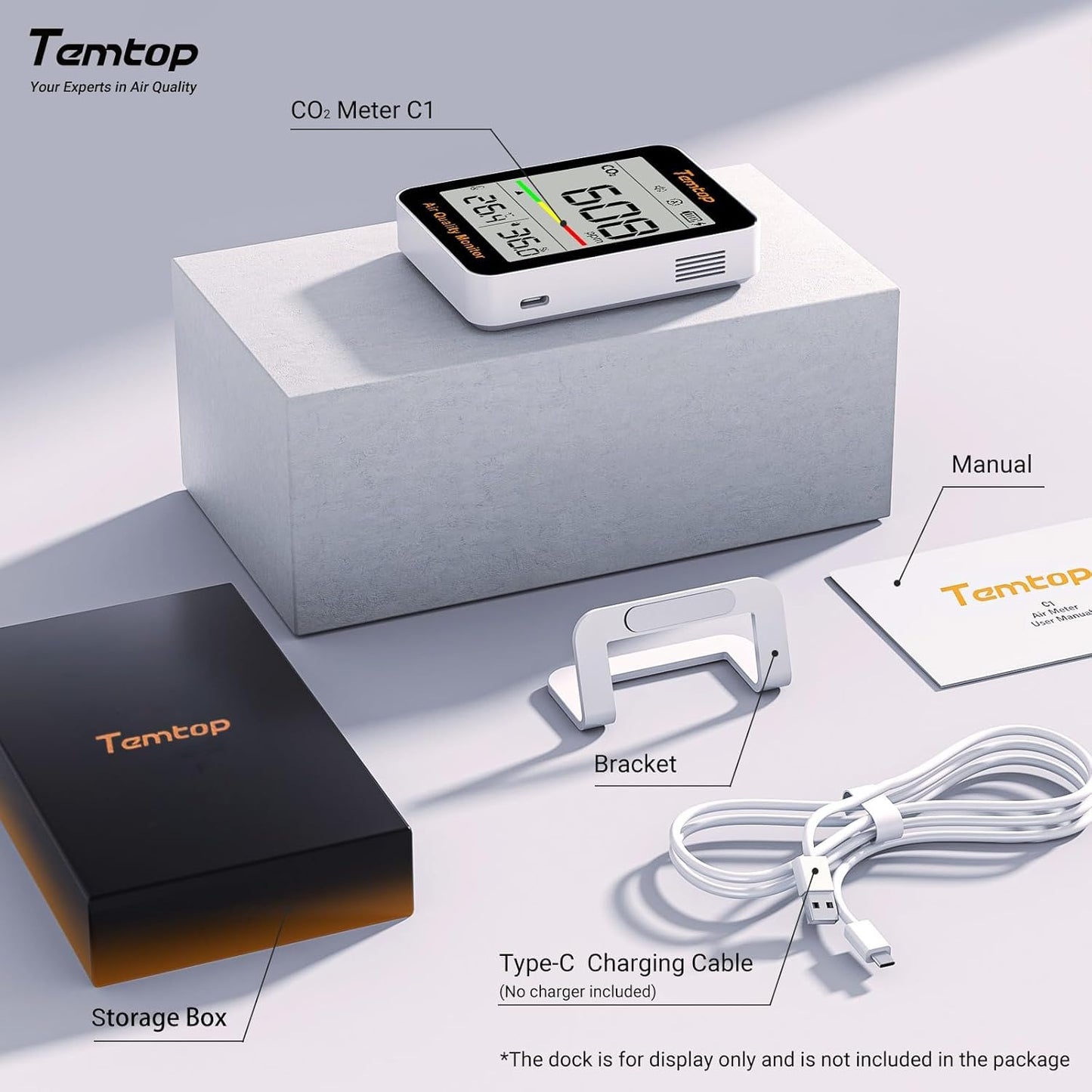 Temtop CO2 Monitor Indoor air Quality Monitor Portable CO2 Meter, CO2, Temperature, Humidity Home, Office or School