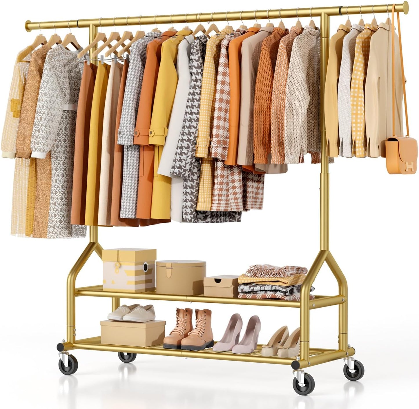 EAGMAK Heavy Duty Clothes Rack Load 424 LBS, Rolling Clothing Rack With Shelves, Adjustable Metal Clothes Hanger with Wheels, Portable Wardrobe Organizer Garment Rod for Hanging Clothes (Silver)