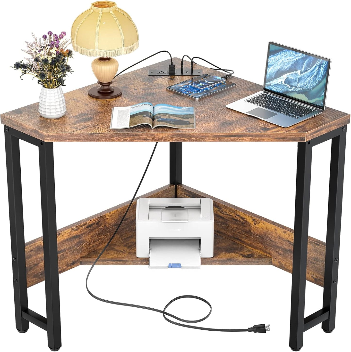 Armocity Corner Desk Small Desk with Outlets Corner Table for Small Space, Computer Desk with USB Ports Triangle Desk with Storage for Home Office, Workstation, Living Room, Bedroom, Oak