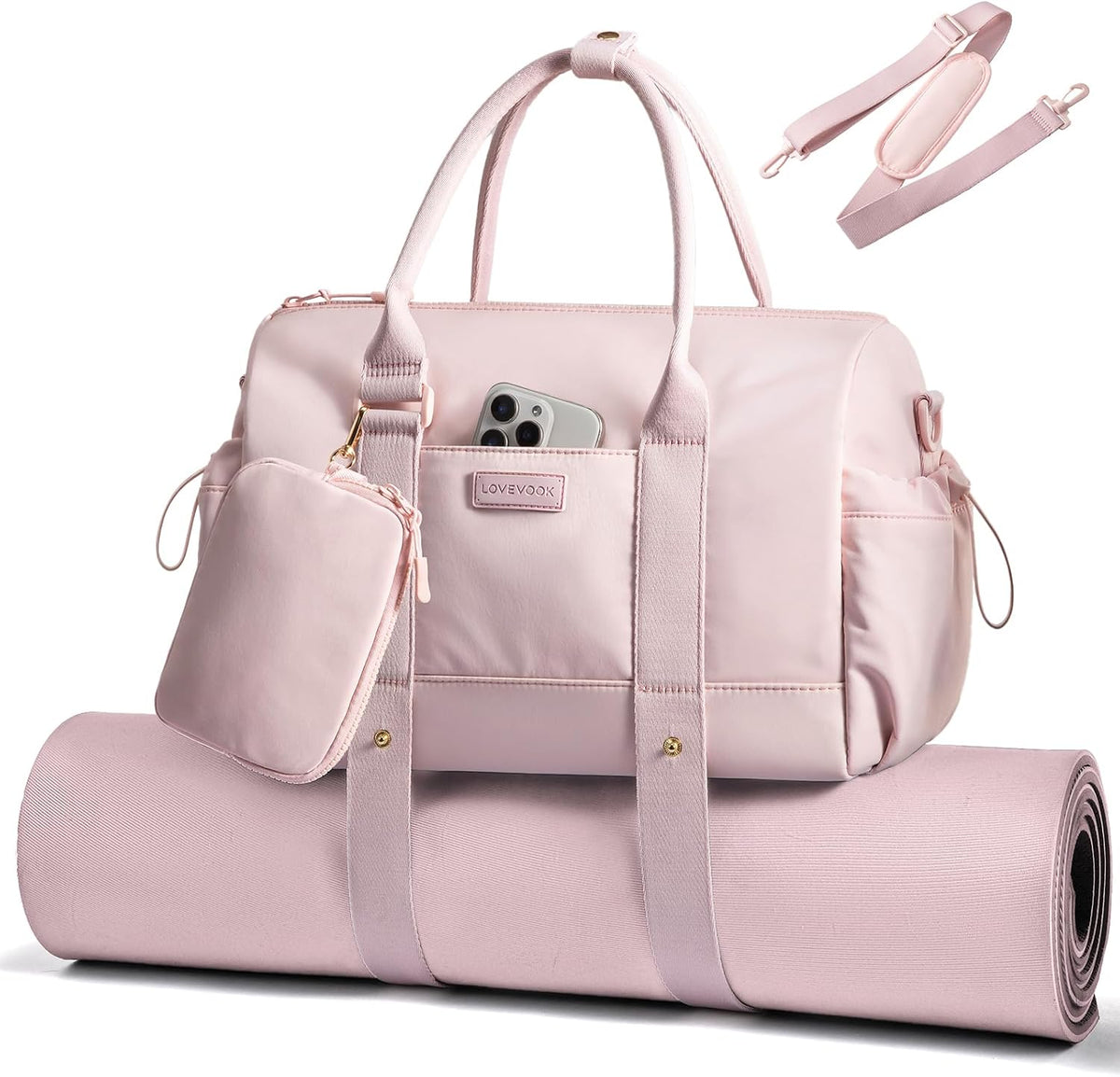 LOVEVOOK Small Gym Bag for Women with Yoga mat Holder, Mini Duffle Bag for Travel with Wet Pocket, Overnight Personal Item Bags (Black-White-Brown, 16.5 inch-Large-2Pcs)