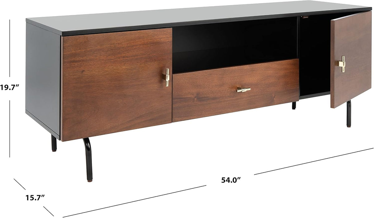SAFAVIEH Genevieve TV Stand for up to 65" Flatscreen – Black & Walnut Brown Finish, Mid-Century Modern Storage Cabinet, Entertainment Media Console (MED5000F)