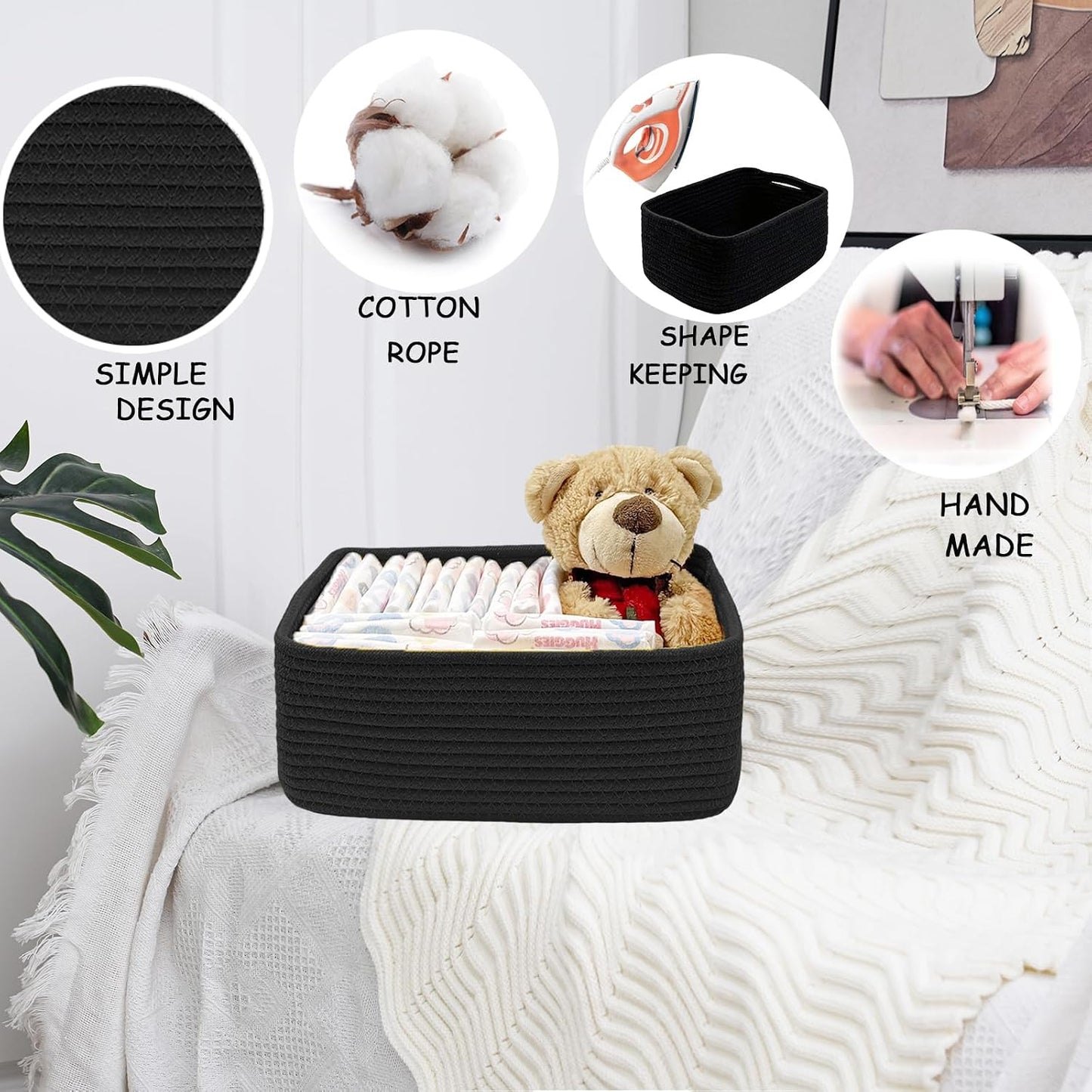 COMFY-HOMI 13" x 8.5" x 5.1" Storage Baskets for Organizing | Cotton Rope Woven Basket | Toy Storage Bin Box | Basket for Shelves, Closet Organizer Bin, Decorative Closet Shelf, 3 Pack