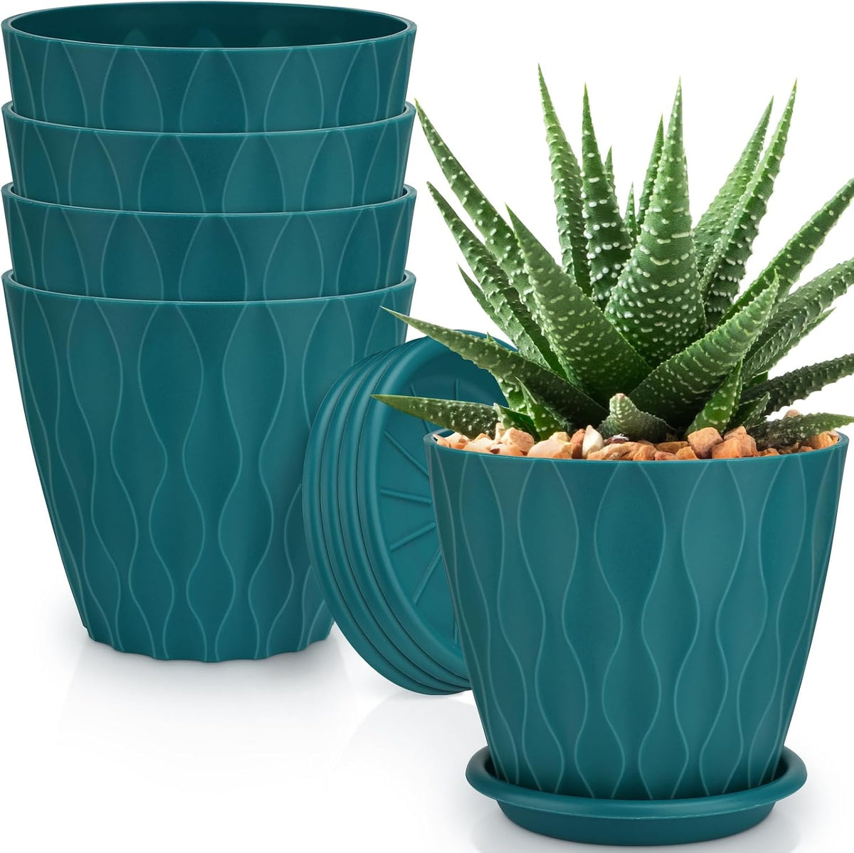 YNNICO 4 inch Plant Pots, 5 Pack Flower Pots Outdoor Indoor, Planters with Drainage Holes and Tray Saucers(White)