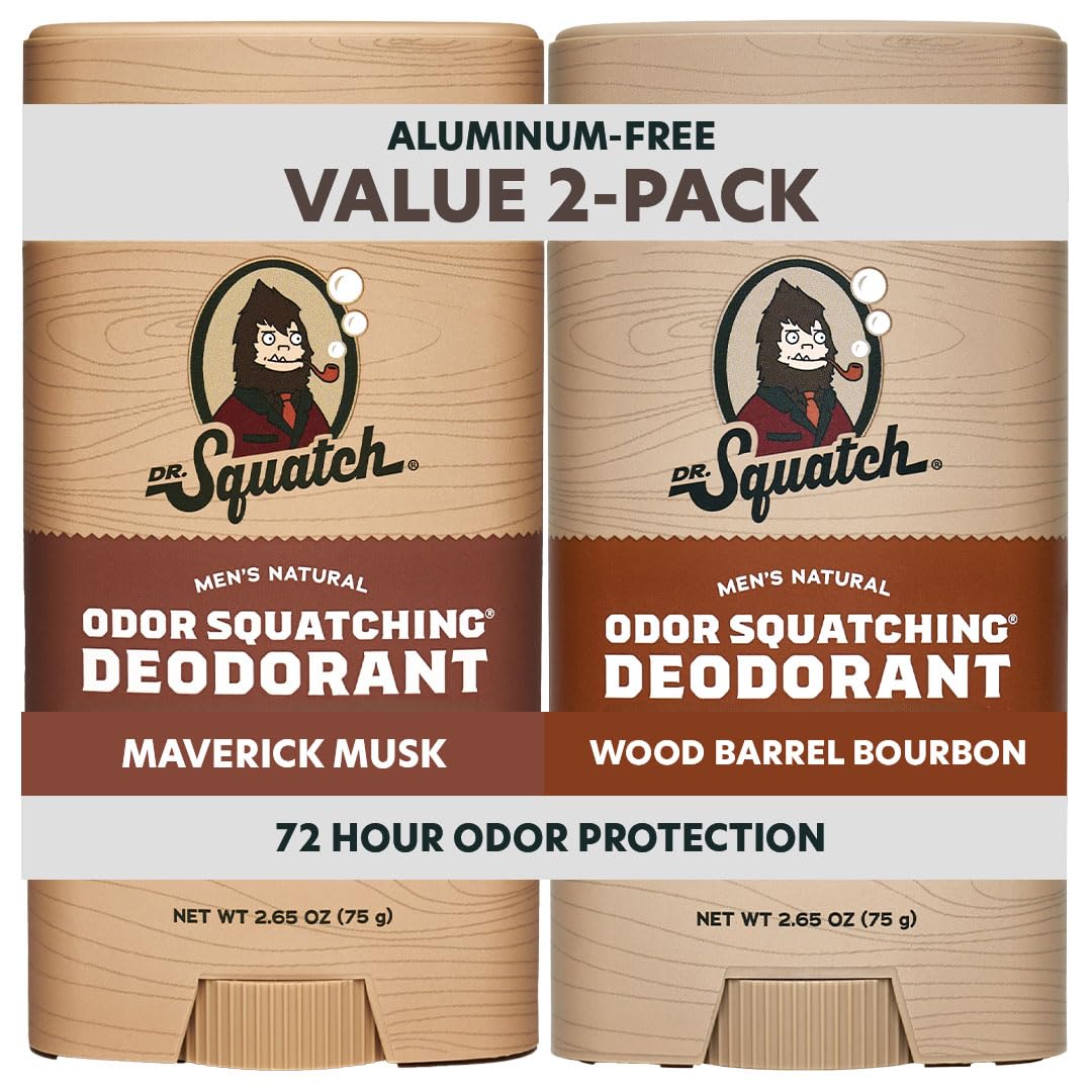 Dr. Squatch Natural Men’s Deodorant – Aluminum Free Natural Deodorant Men with Charcoal & Postbiotics for 72-Hour Odor Protection – Rainforest Rapids + Fresh Falls, 2.65oz Stick (2-Pack)