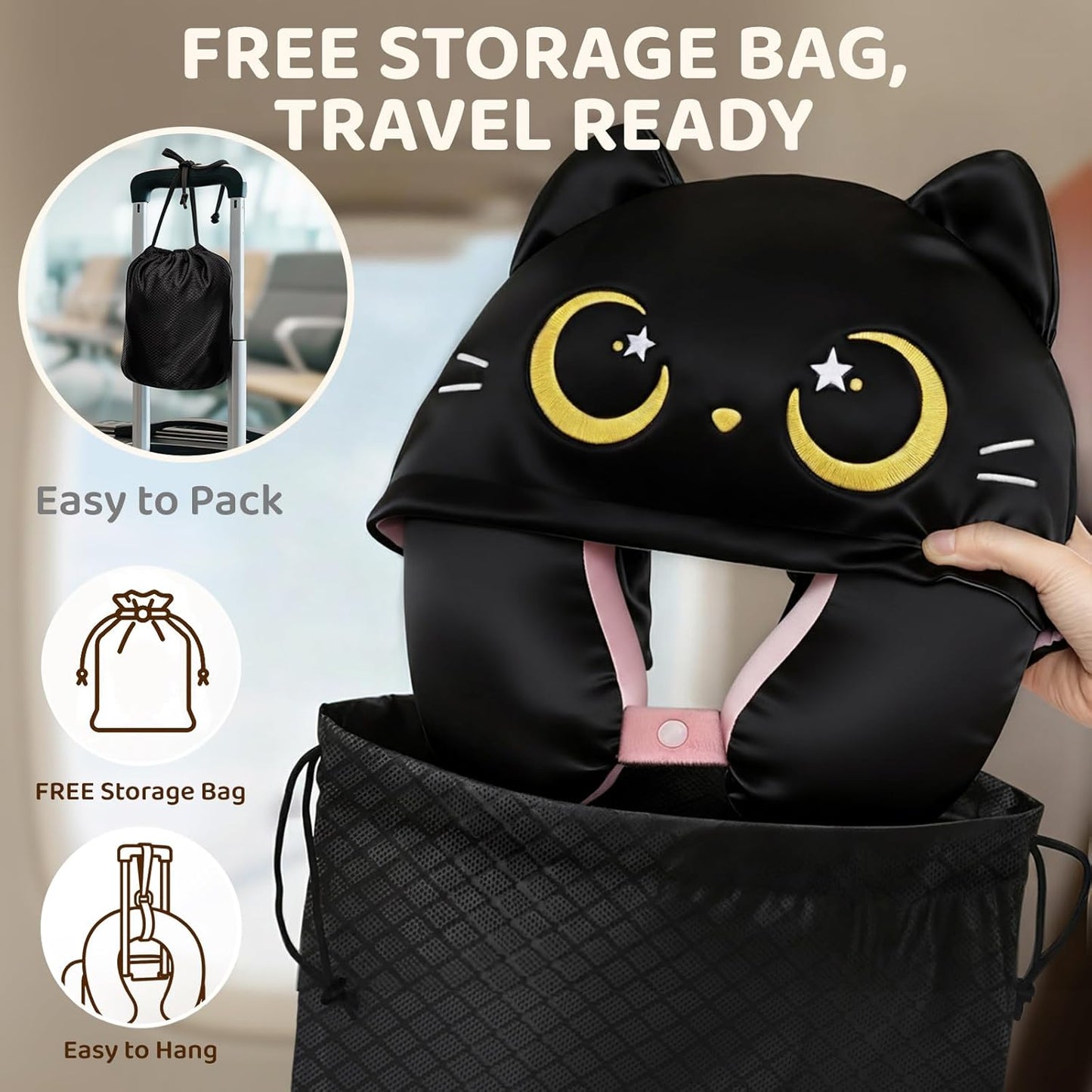 Mewaii Travel Neck Pillow with Hood for Airplanes,Memory Foam,Breathable Ice Silk & Soft Velvet,Double-Sided,Removable to Clean,Adjustable Strap,Portable Travel Pillow for Long Flights Adults & Teens
