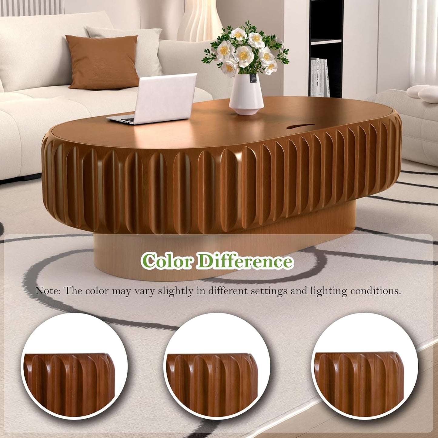 43.3" Oval Drum Coffee Table with Storage (C 43.3in) | Rustic Chic Fluted Center Table - Handcraft Solid Wood Veneer Edge for Living Room Farmhouse