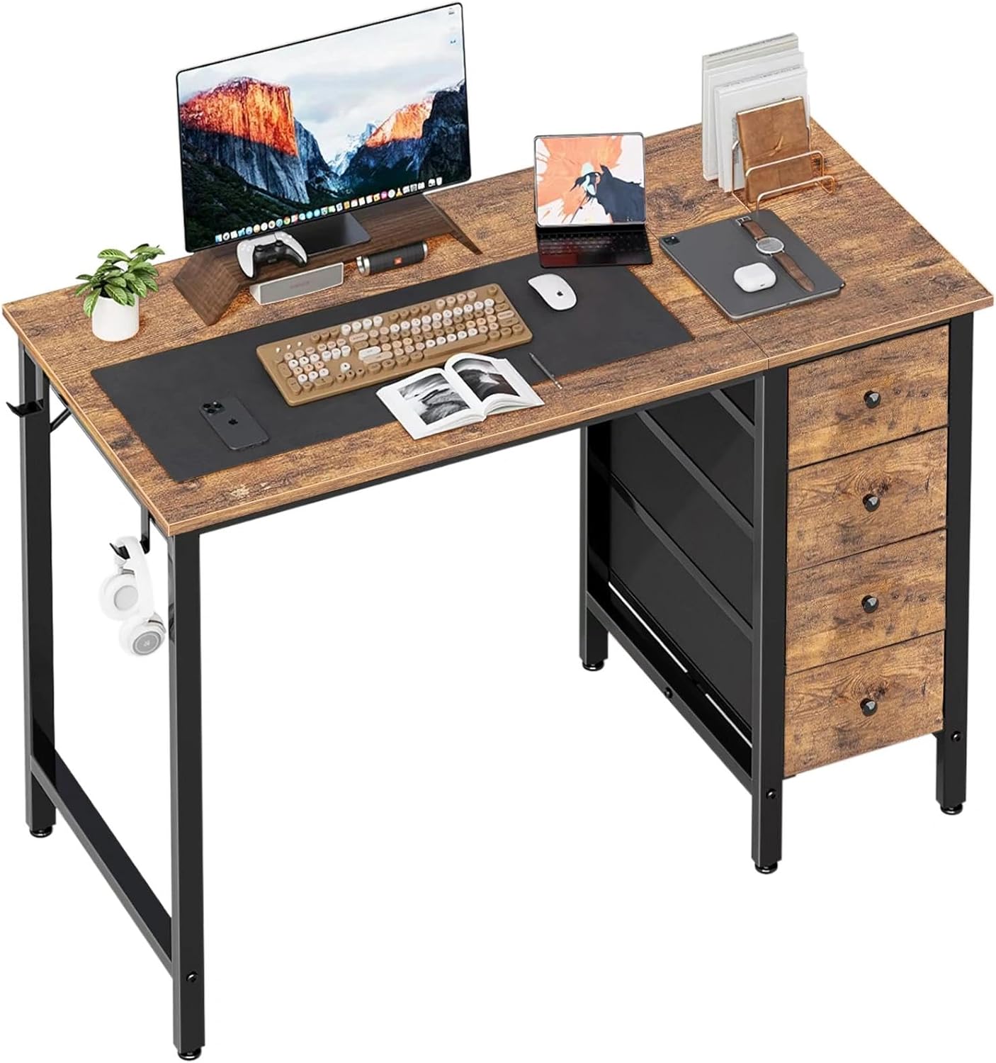Lufeiya 40 inch Computer Desk with 4 Fabric Drawers, Kids Student Reversible Small Desks for Home Office Small Space, Work PC Desk Table for Bedroom, Rustic Brown