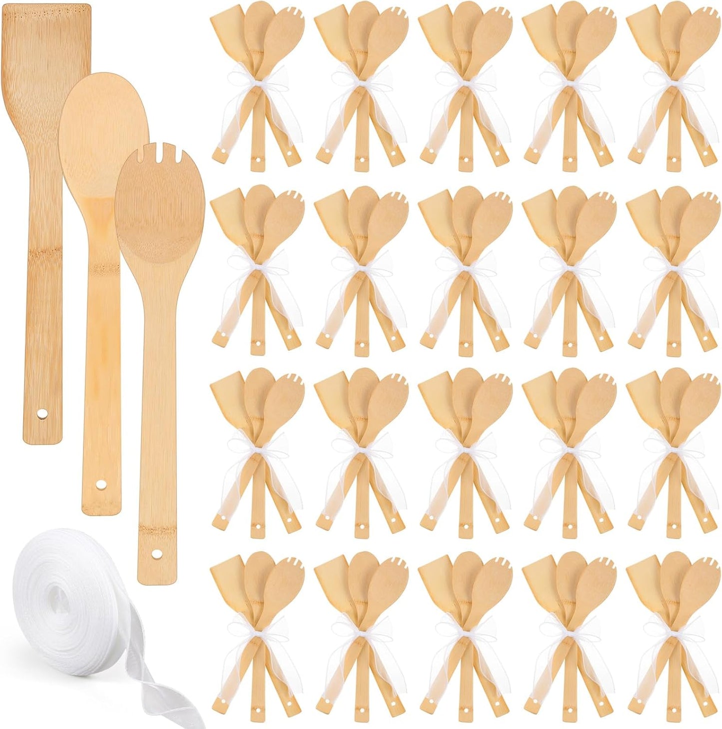 Reallnaive 72 Pcs Bamboo Spatula Wooden Kitchen Utensil Bulk 12''wood Spoon Spatula for Cooking with Ribbon Bridal Baby Shower Game Prize Wedding Party Favors Housewarming Gift (Various Style)