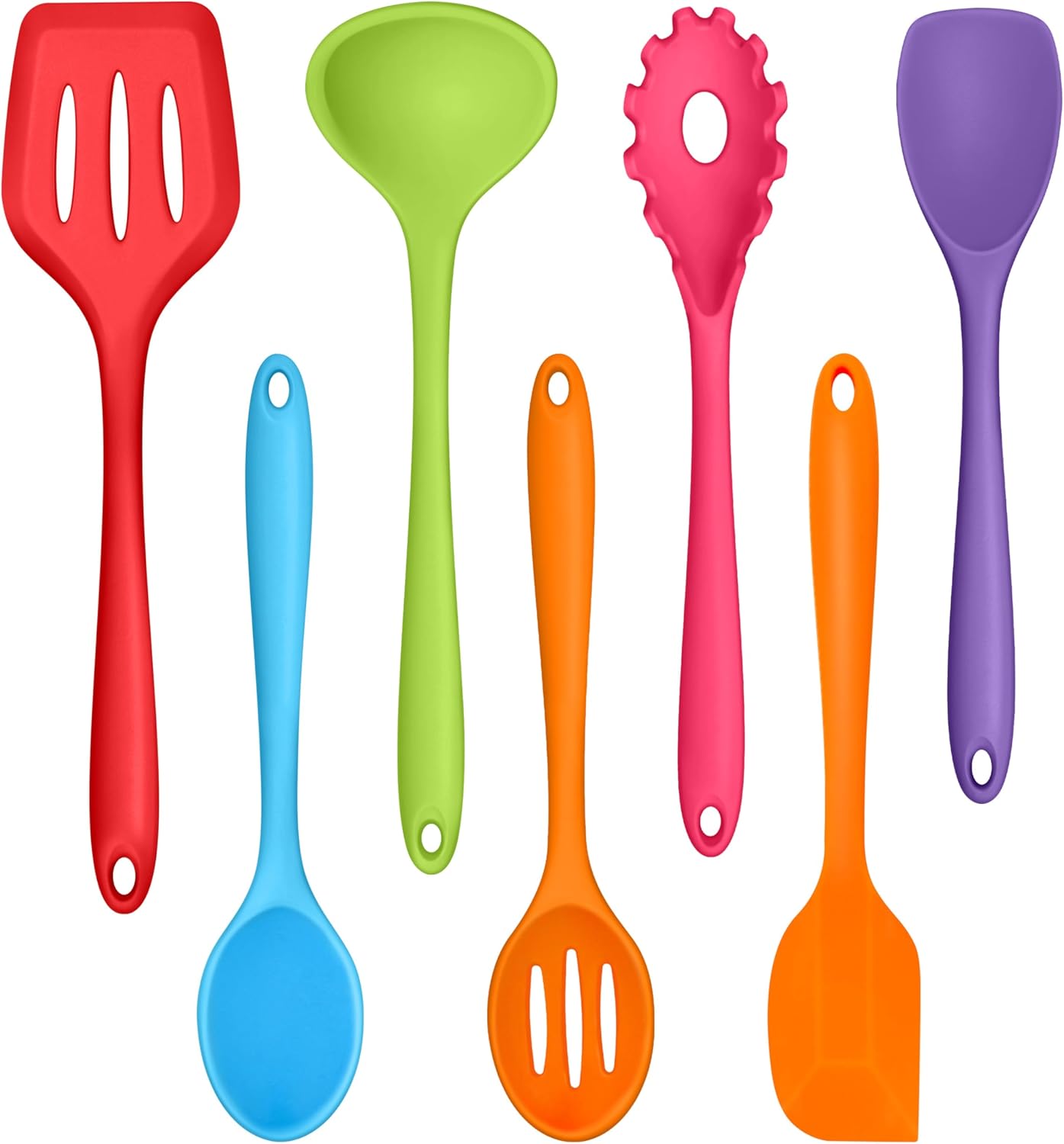TeamFar Silicone Cooking Utensil Set of 7, Black Kitchen Nonstick Tools Turner Spoon Spatula Ladle Pasta Server for Nonstick Cookware, Healthy & One-Piece, Anti-Heat & Dishwasher Safe
