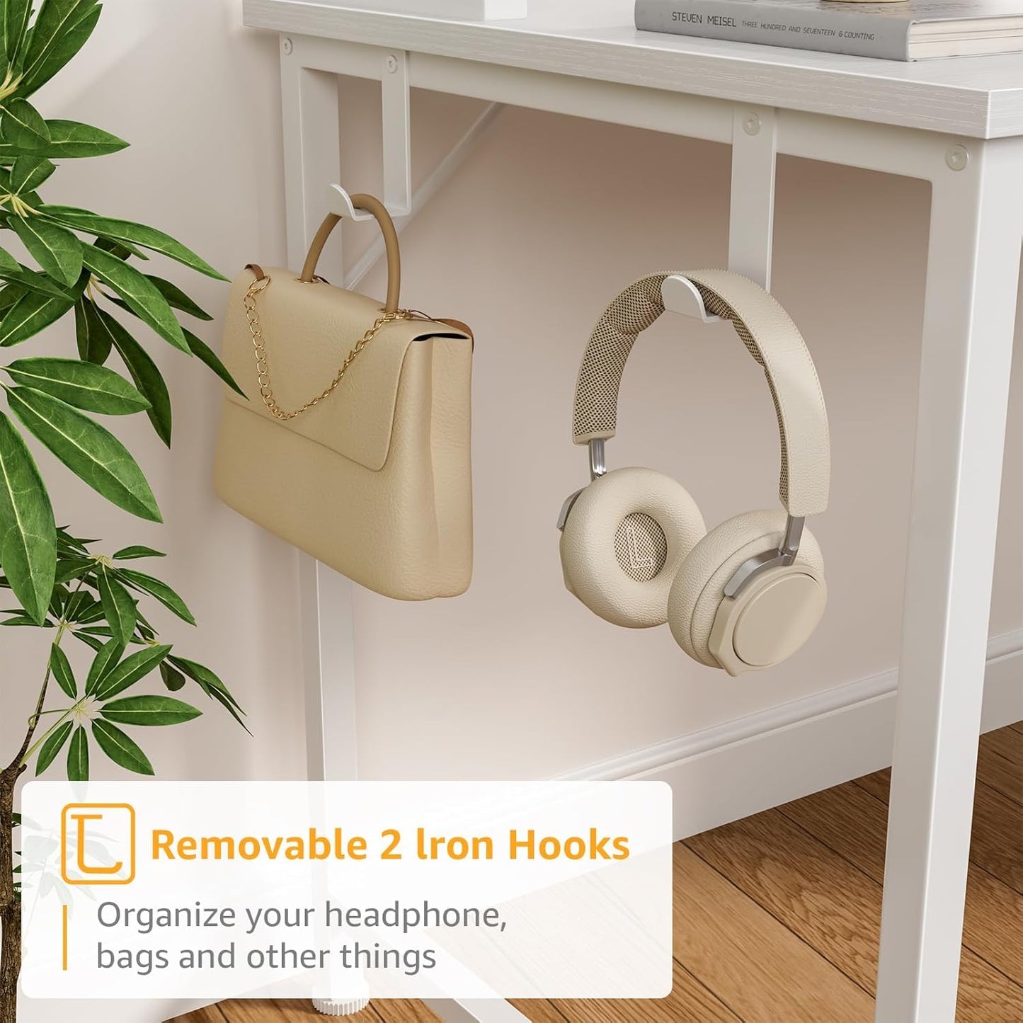 DLisiting White Computer Desk with Hutch & Drawers - 47 Inch Modern Study Writing Office Desk with 3 Storage Drawers and Power Outlets for Bedroom Home Office
