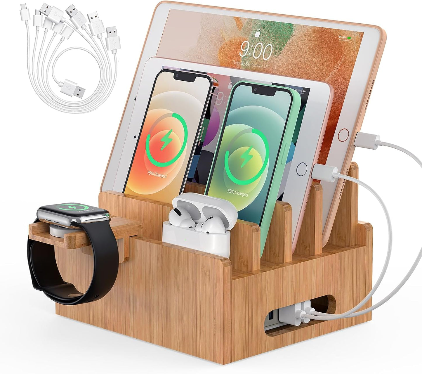 Pezin & Hulin Bamboo Charging Stations with 5 Port USB Charger & 5 Cables | Cell Phone Organizer for Multiple Devices with Watch Stand for Tablets, Smart Watch